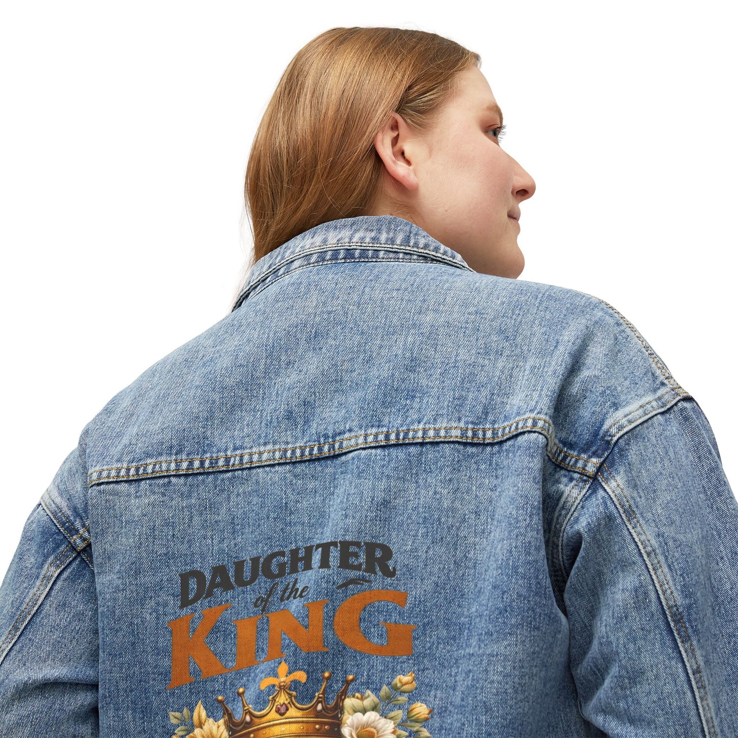 Denim Jacket "Daughter of the King" Floral Crown Back Graphic