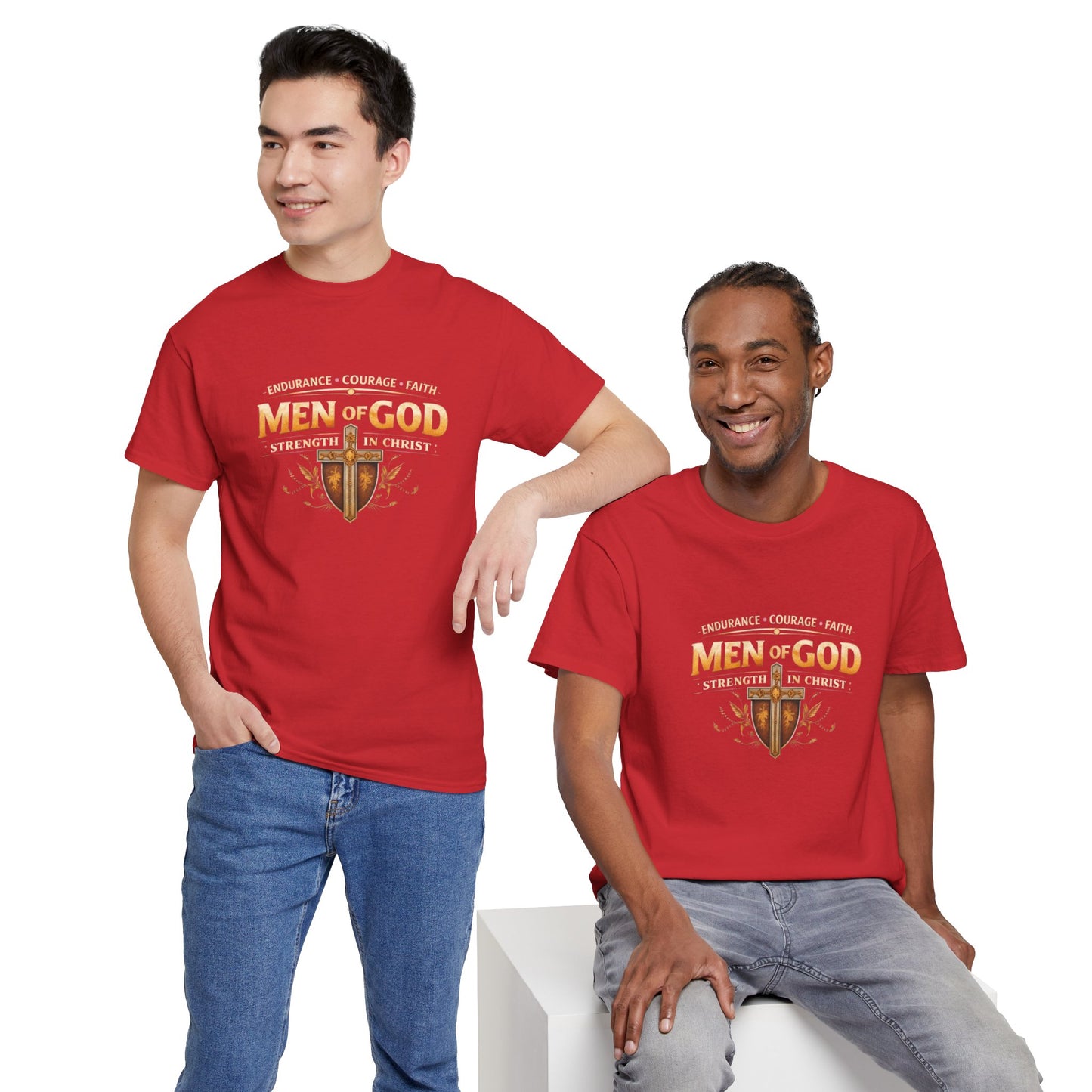 Men of God T-Shirt: Christian Faith Tee with 'Endurance • Courage • Faith' Shield Design