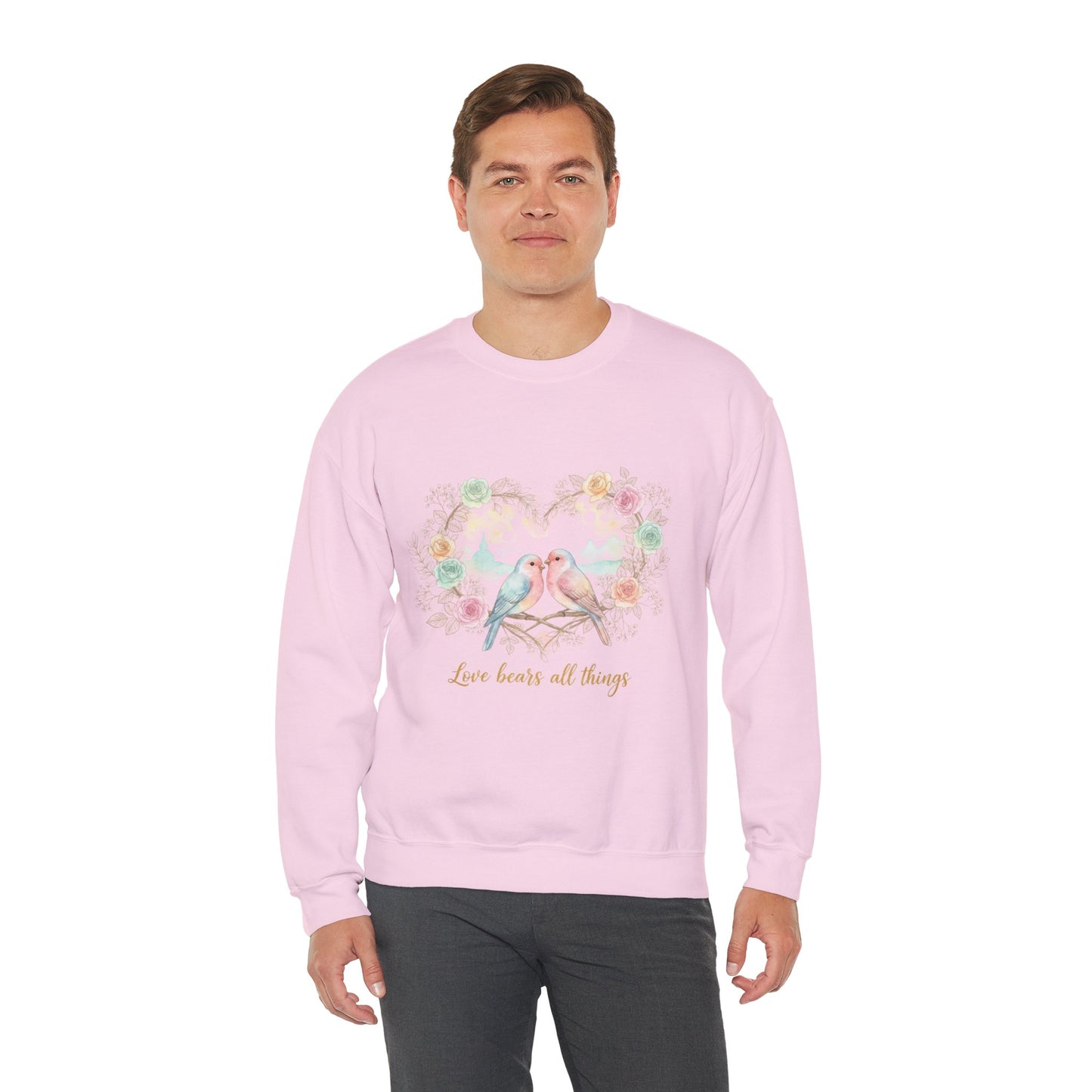 Crewneck Sweatshirt, Pastel Love Birds Floral Heart “Love bears all things”