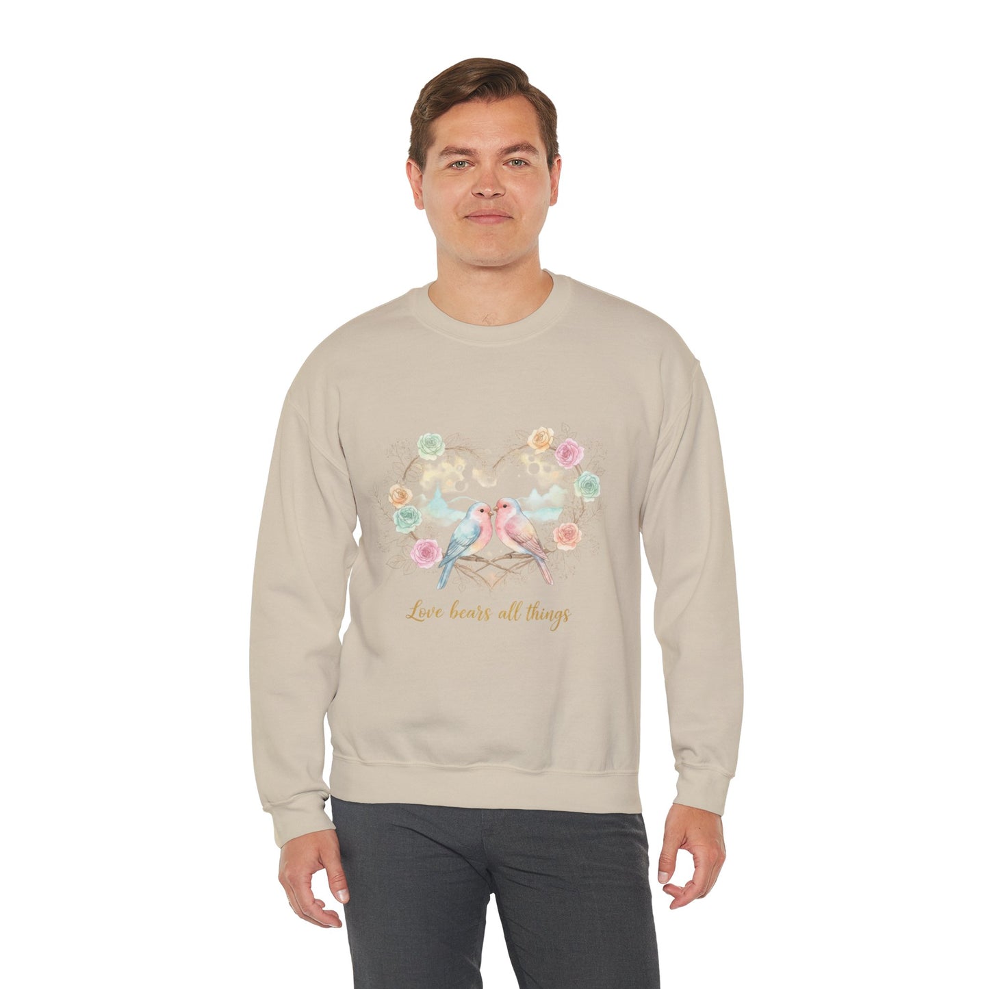Crewneck Sweatshirt, Pastel Love Birds Floral Heart “Love bears all things”