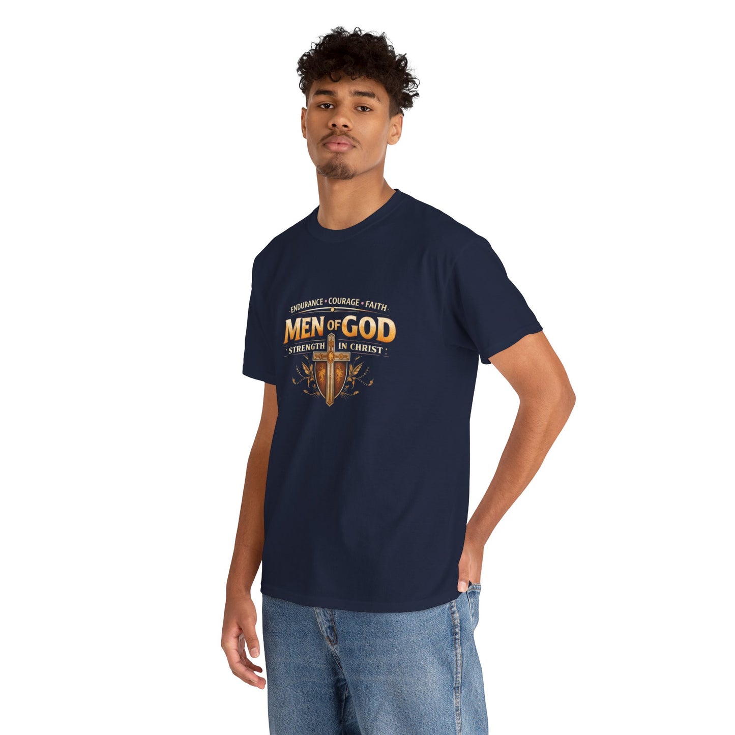 Men of God T-Shirt: Christian Faith Tee with 'Endurance • Courage • Faith' Shield Design