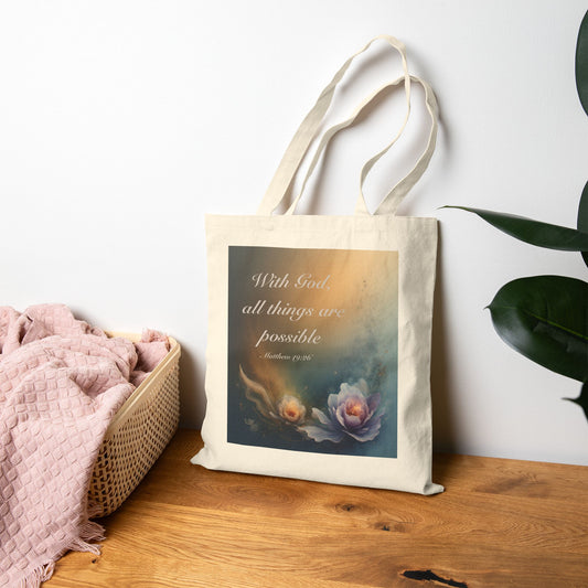 Canvas Tote Bag "With God all things are possible" Floral Faith Quote Tote