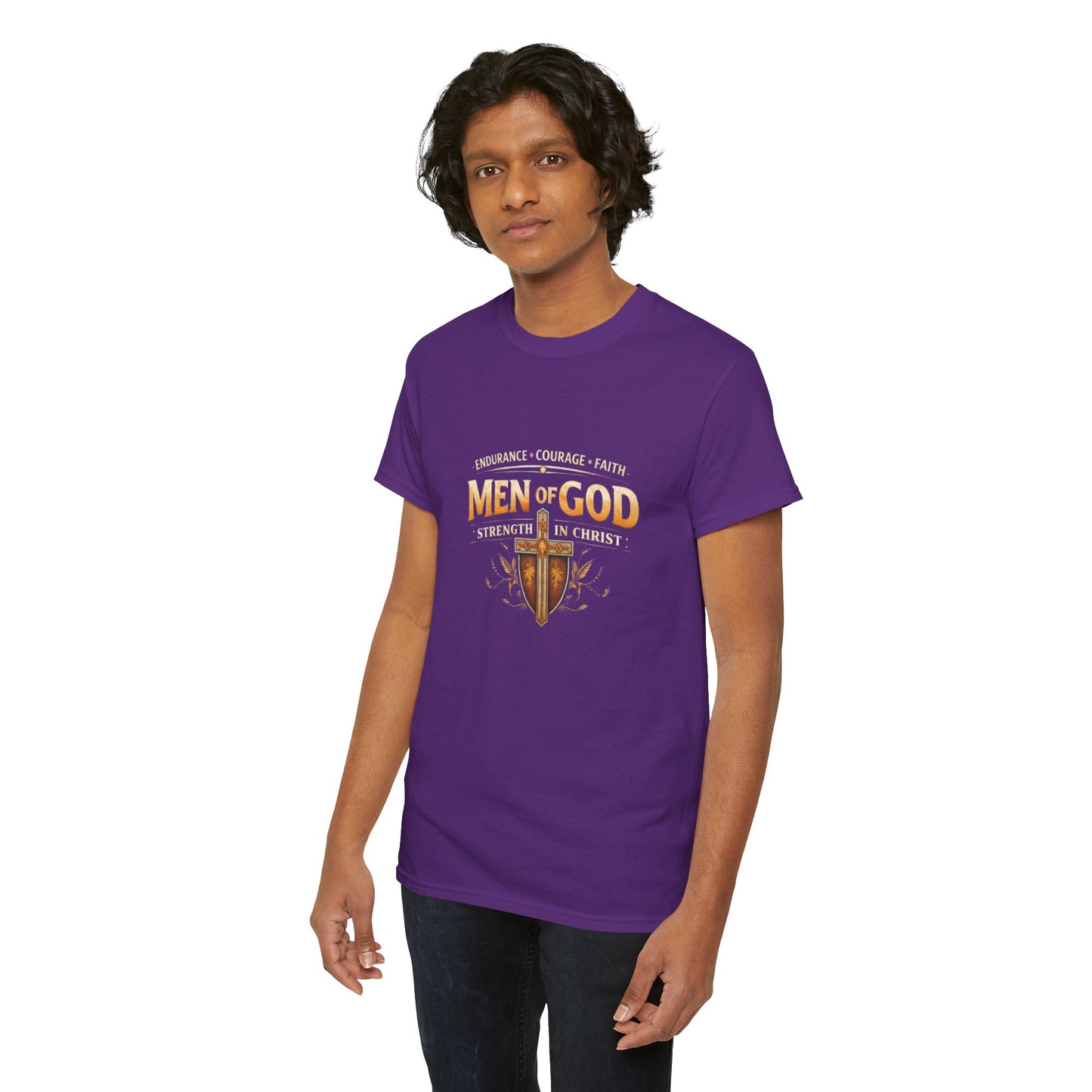 Men of God T-Shirt: Christian Faith Tee with 'Endurance • Courage • Faith' Shield Design