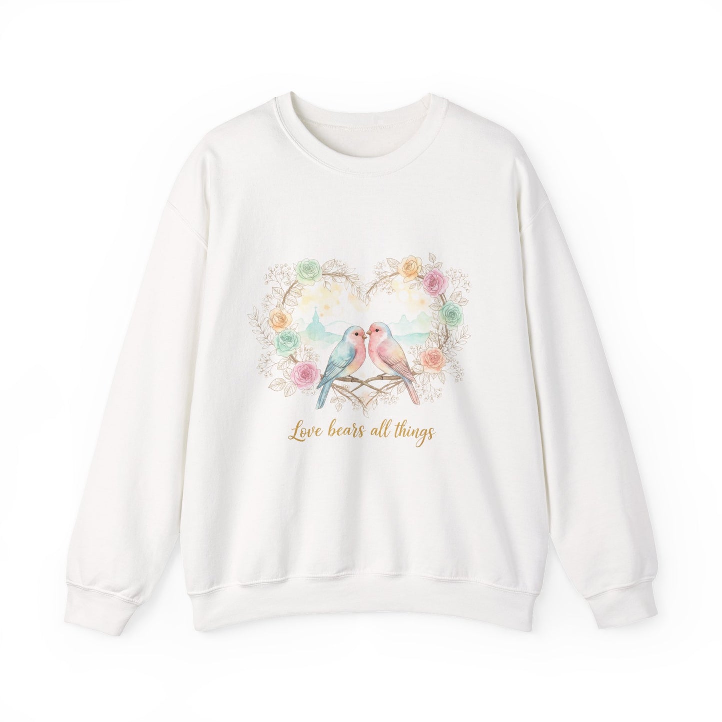 Crewneck Sweatshirt, Pastel Love Birds Floral Heart “Love bears all things”