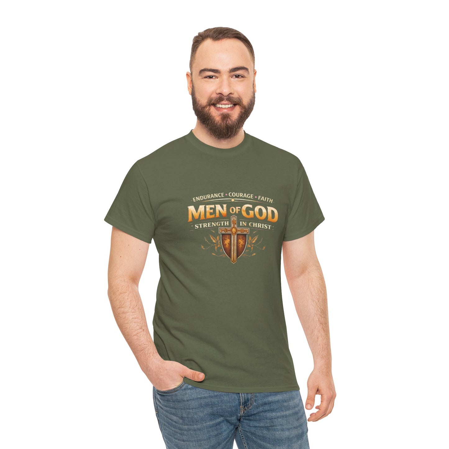 Men of God T-Shirt: Christian Faith Tee with 'Endurance • Courage • Faith' Shield Design