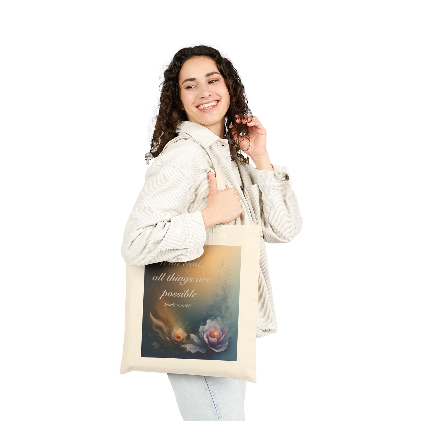 Canvas Tote Bag "With God all things are possible" Floral Faith Quote Tote
