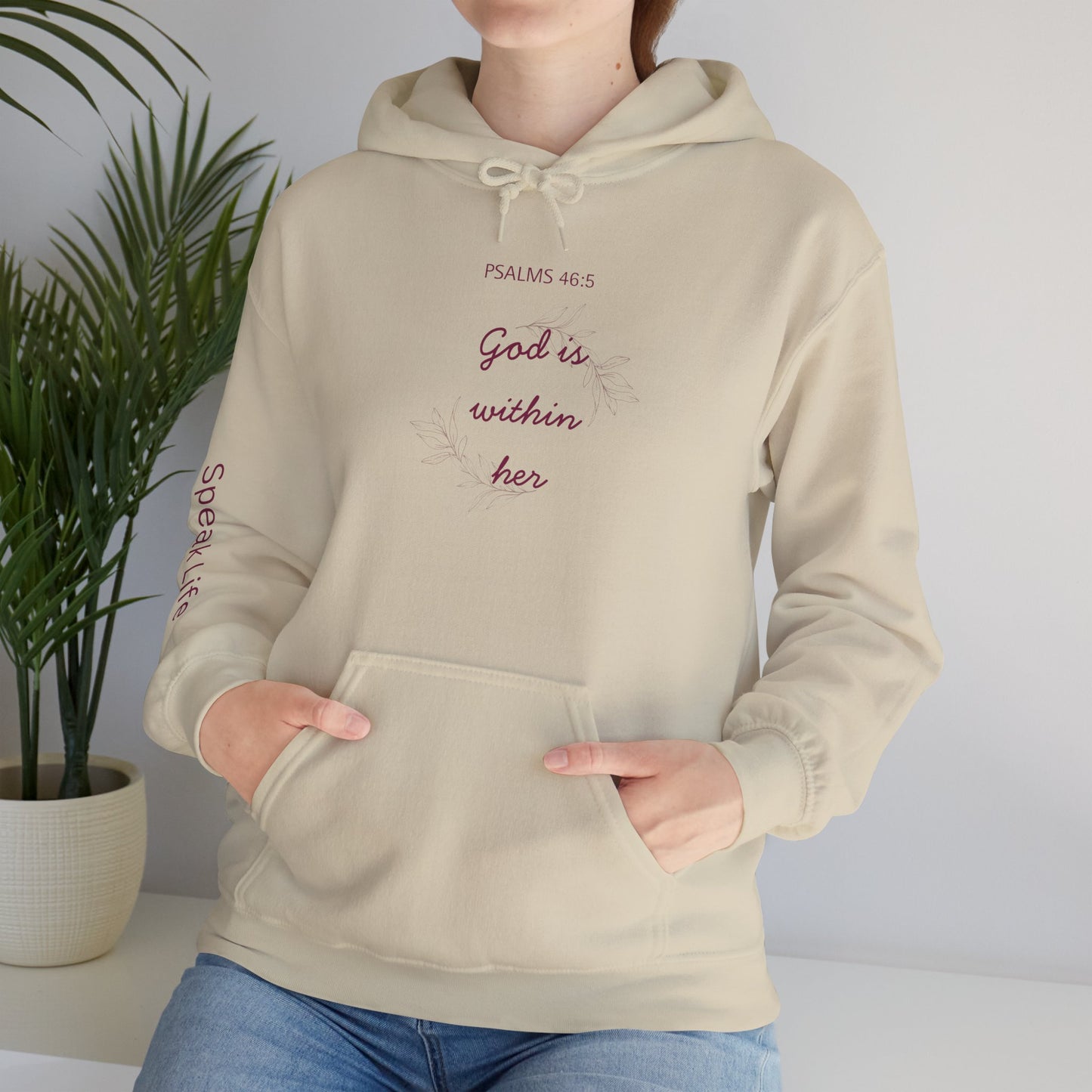 Psalm 46:5 'God Is Within Her' Hoodie; Faith-Inspired White Pullover with 'Speak Life' Sleeve