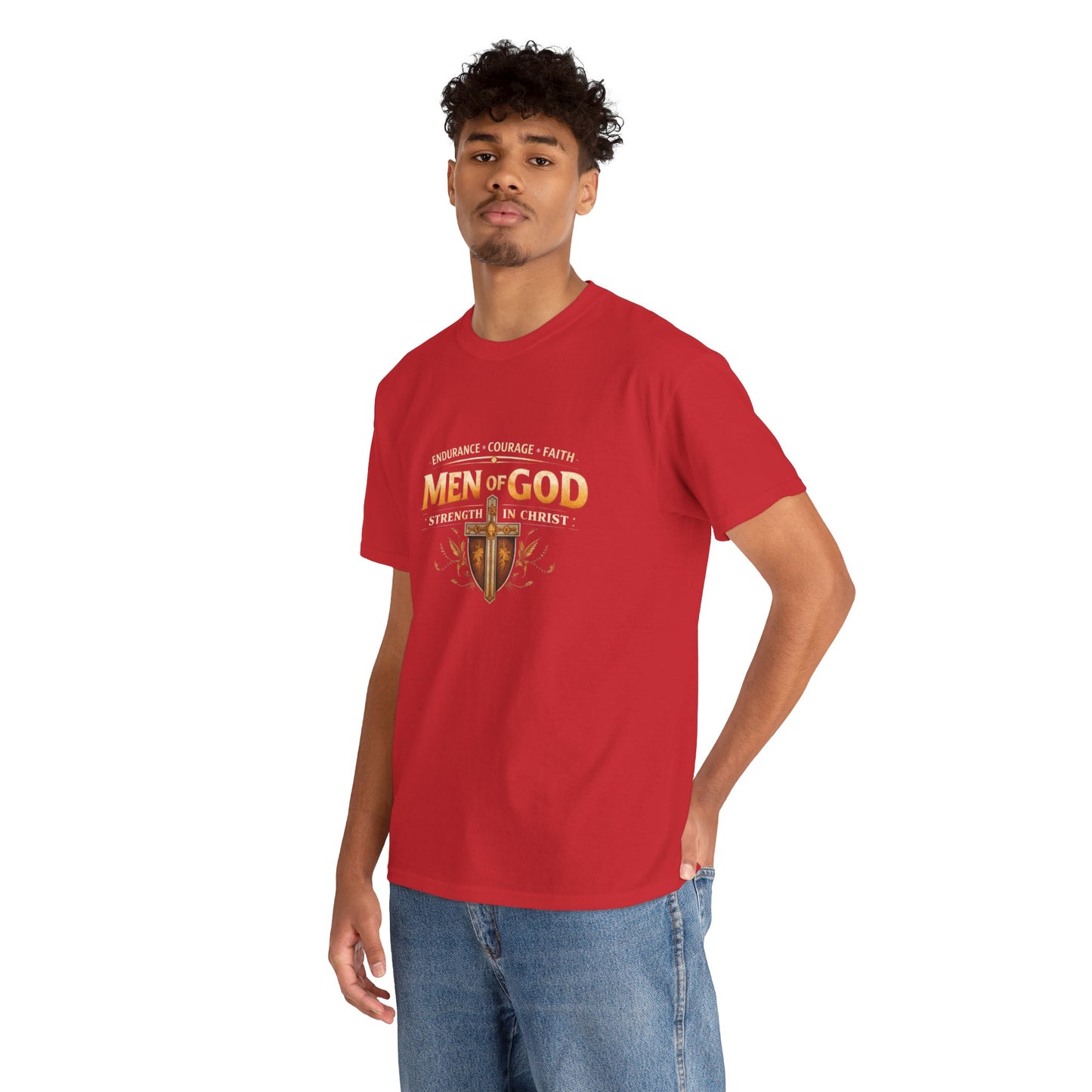 Men of God T-Shirt: Christian Faith Tee with 'Endurance • Courage • Faith' Shield Design