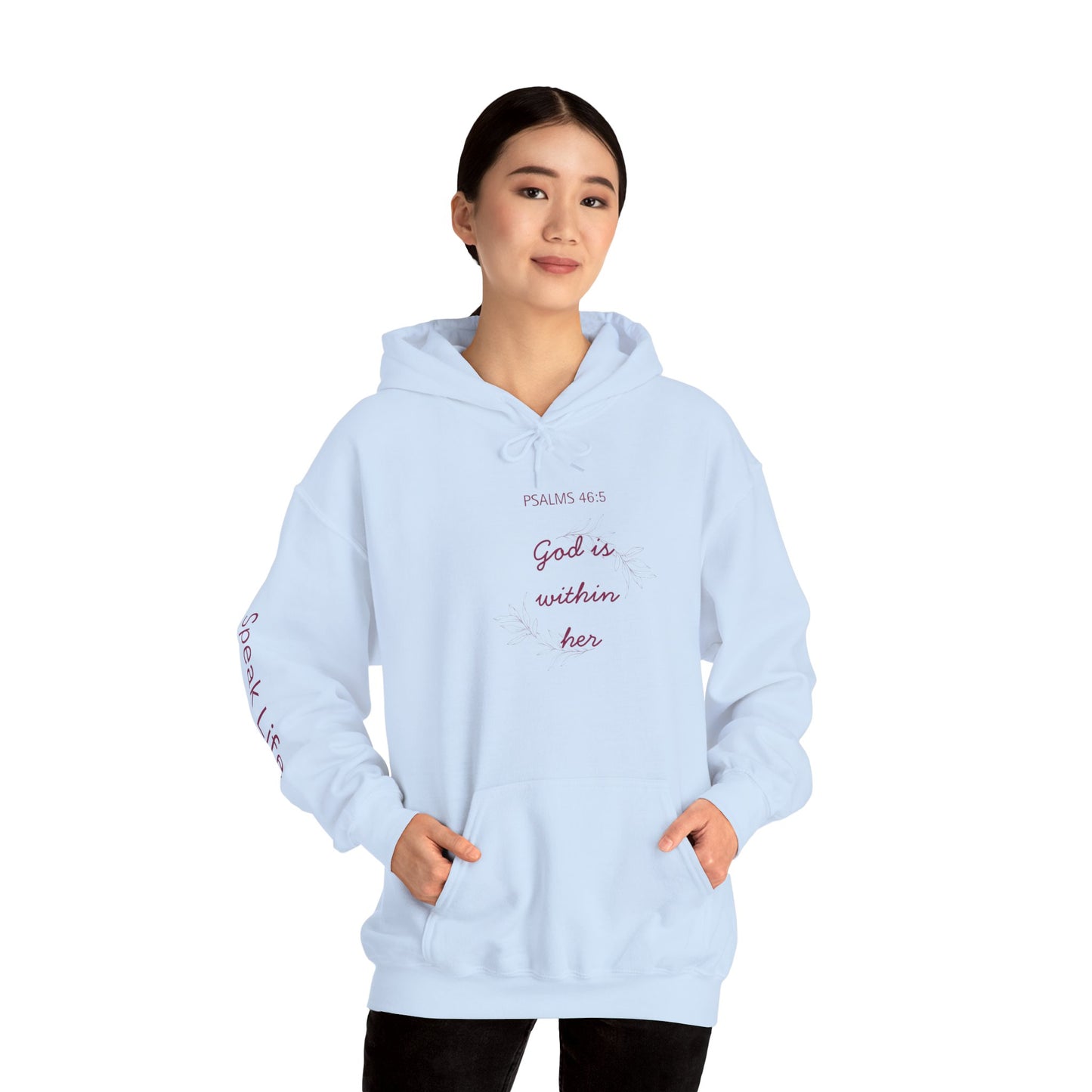 Psalm 46:5 'God Is Within Her' Hoodie; Faith-Inspired White Pullover with 'Speak Life' Sleeve