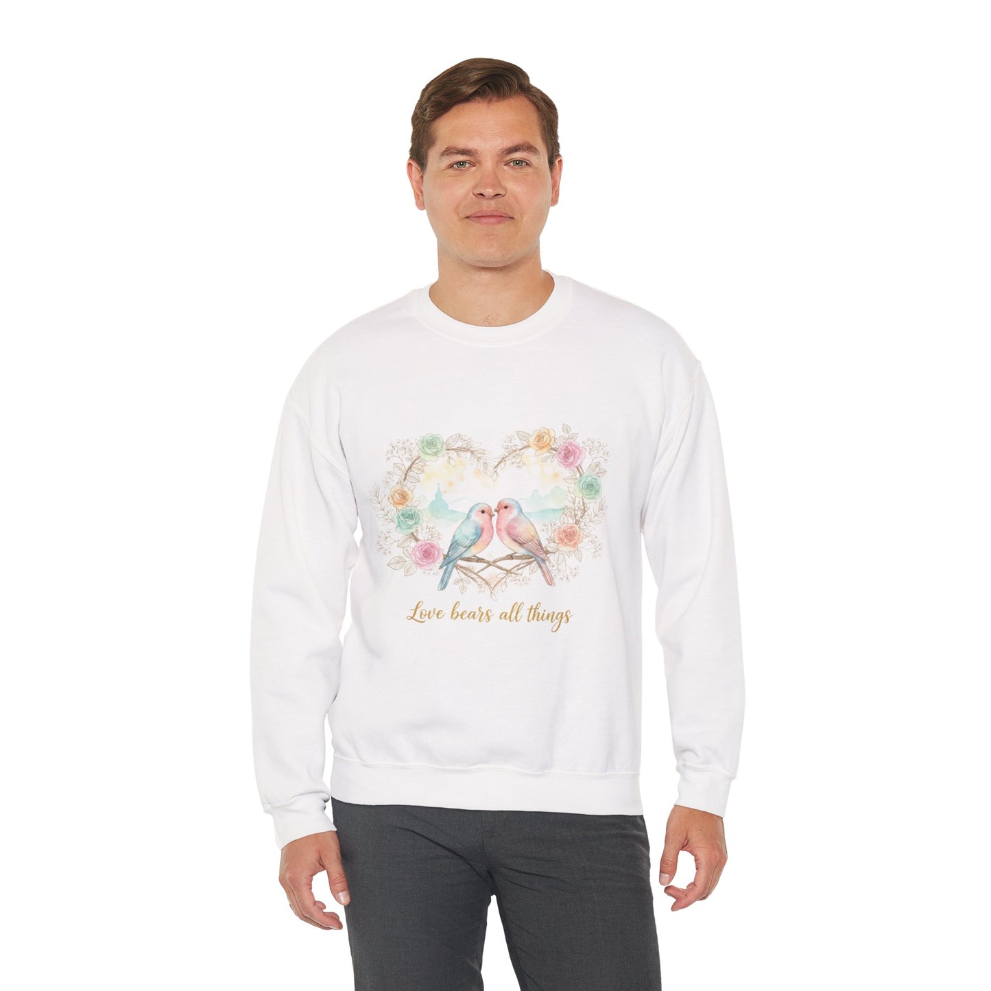 Crewneck Sweatshirt, Pastel Love Birds Floral Heart “Love bears all things”