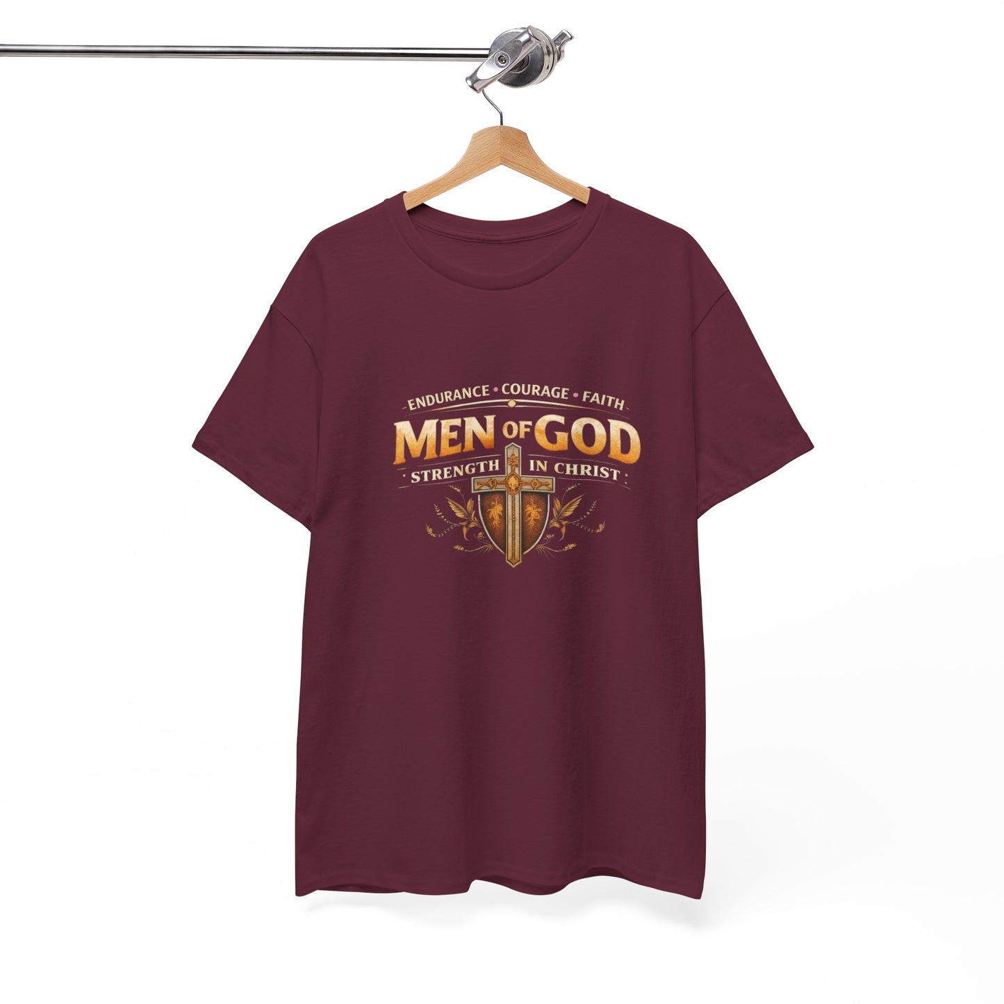 Men of God T-Shirt: Christian Faith Tee with 'Endurance • Courage • Faith' Shield Design