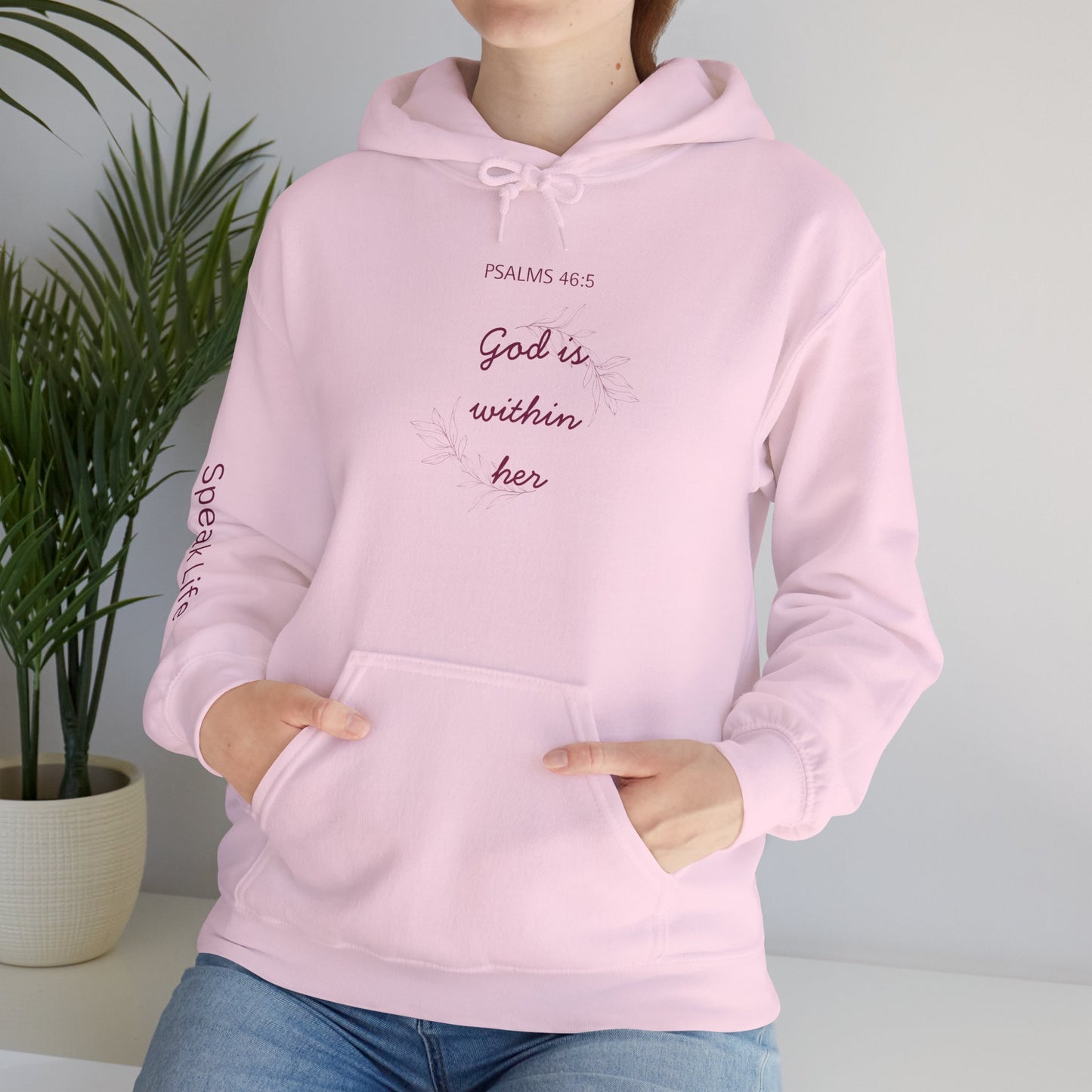 Psalm 46:5 'God Is Within Her' Hoodie; Faith-Inspired White Pullover with 'Speak Life' Sleeve
