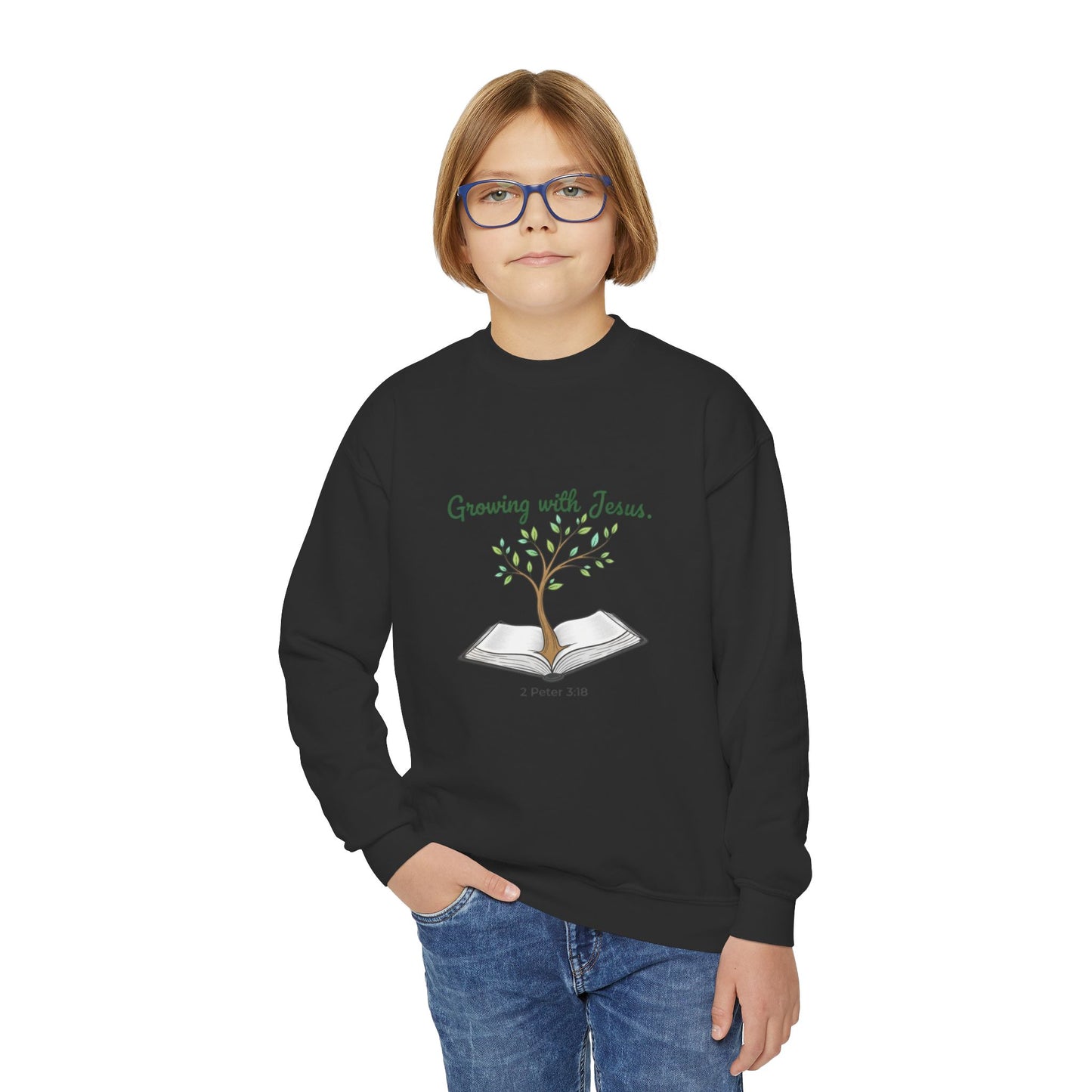 Youth Crewneck Sweatshirt Growing with Jesus Tree Over Bible