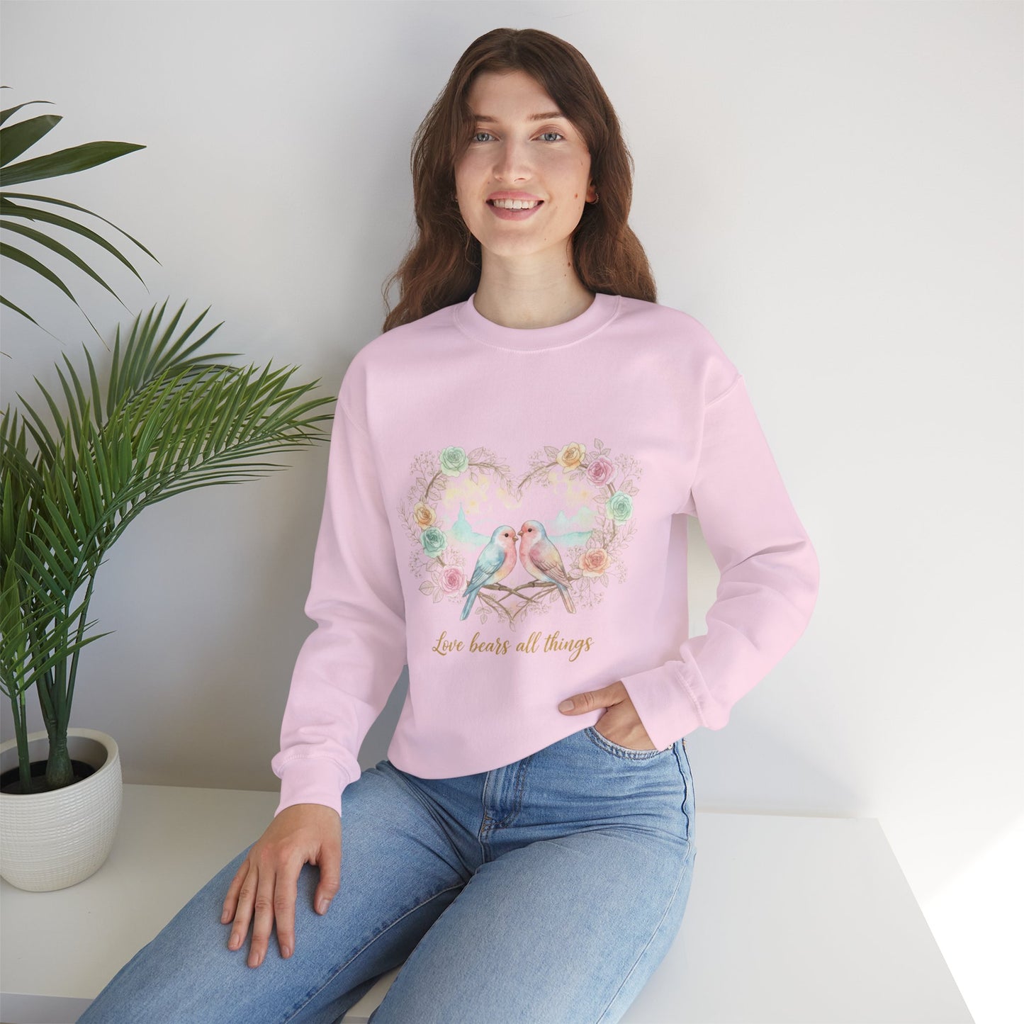 Crewneck Sweatshirt, Pastel Love Birds Floral Heart “Love bears all things”