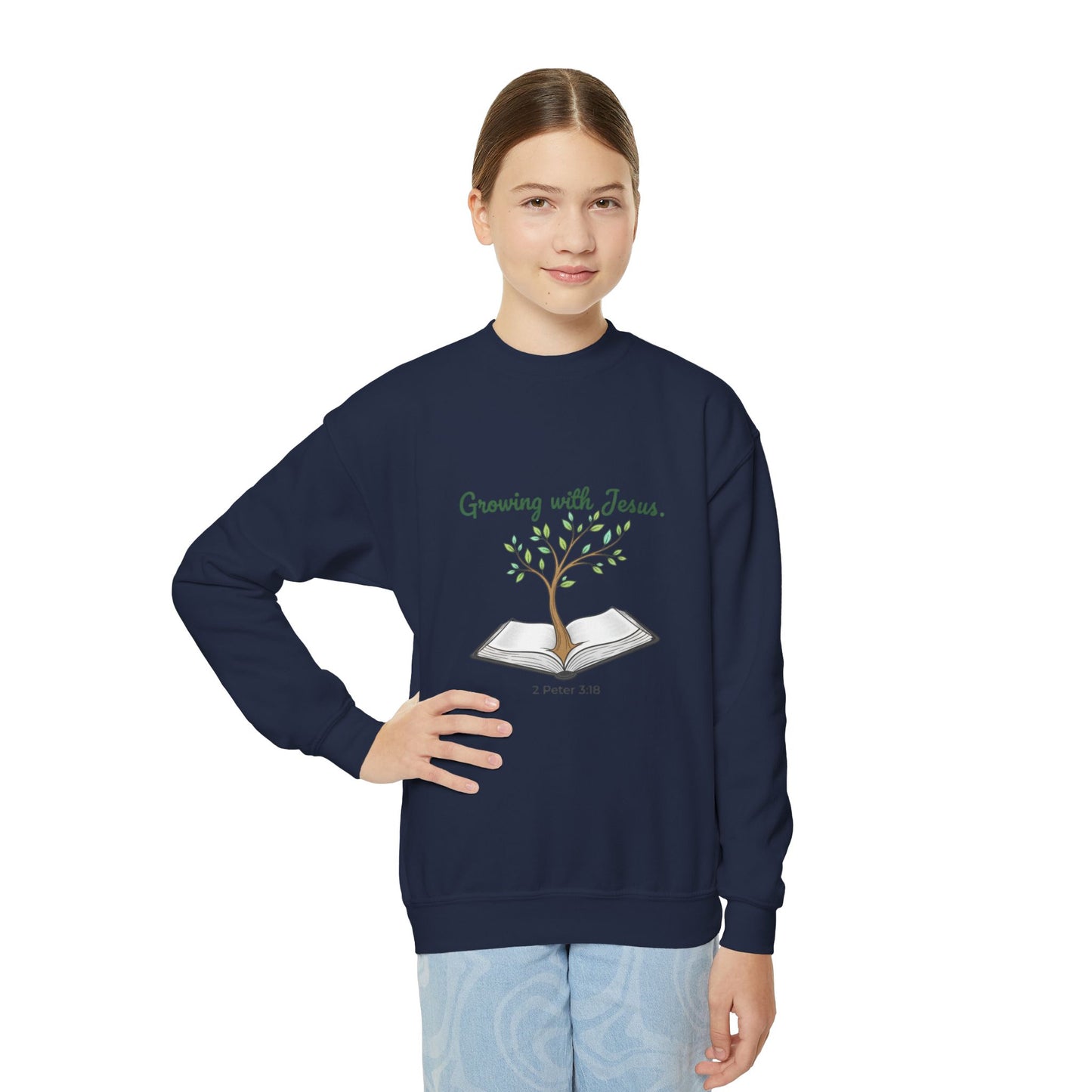 Youth Crewneck Sweatshirt Growing with Jesus Tree Over Bible