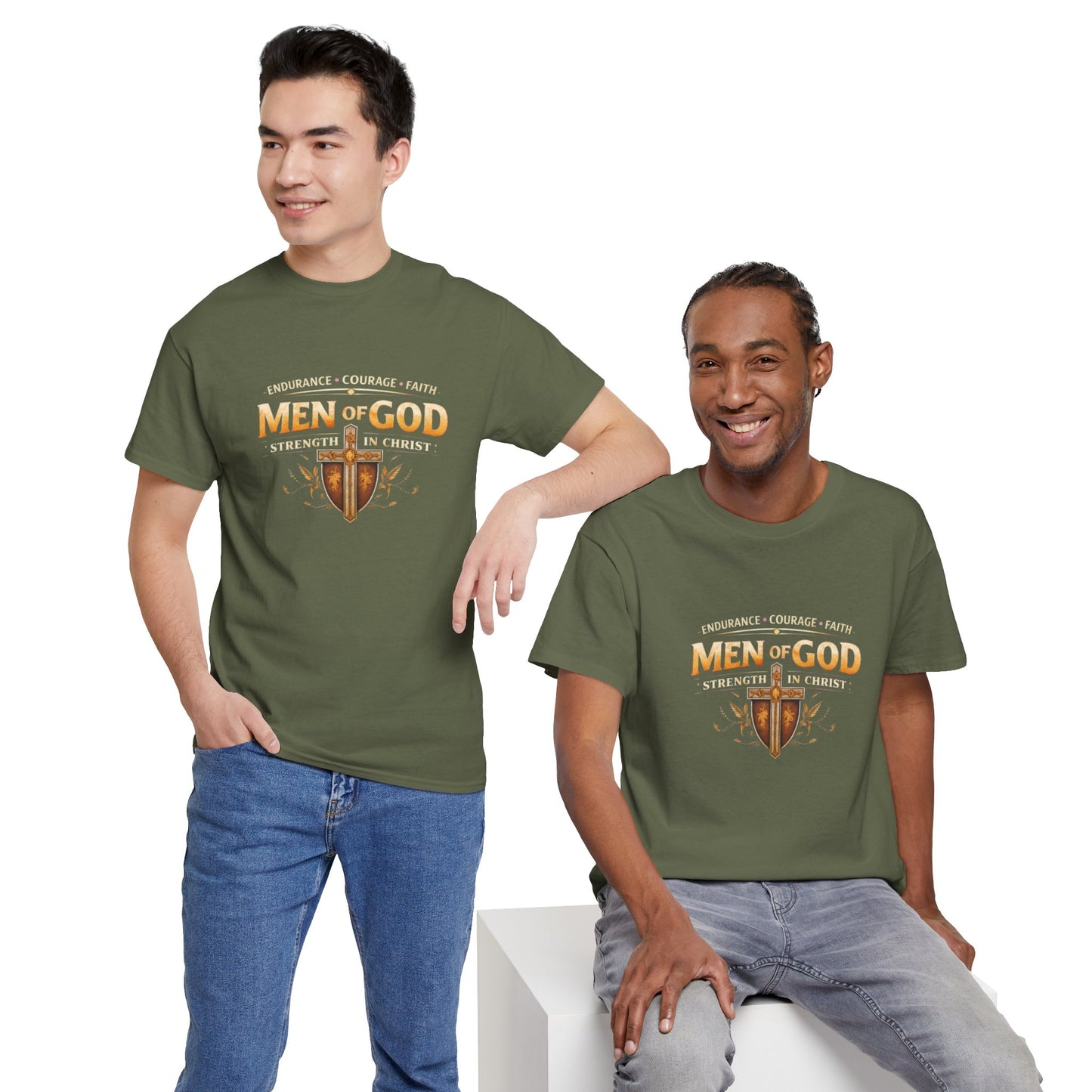 Men of God T-Shirt: Christian Faith Tee with 'Endurance • Courage • Faith' Shield Design