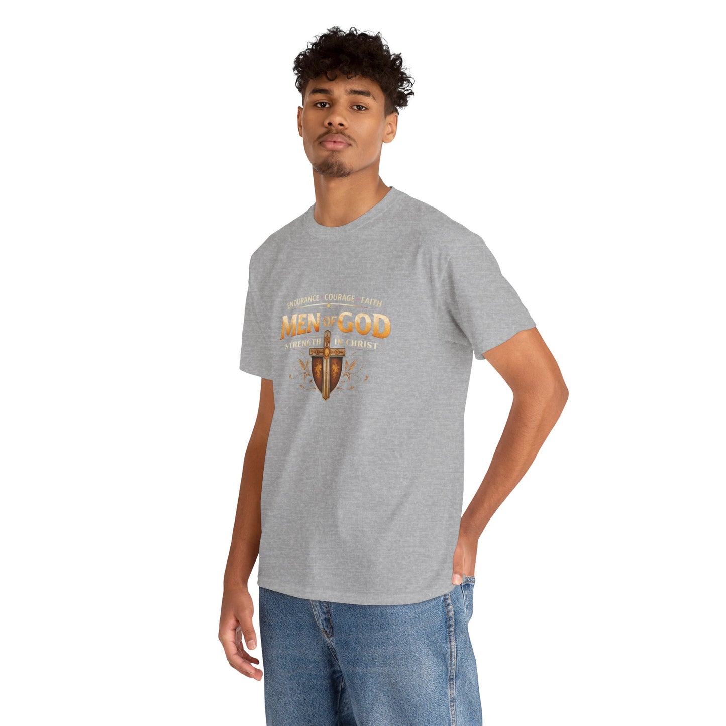 Men of God T-Shirt: Christian Faith Tee with 'Endurance • Courage • Faith' Shield Design