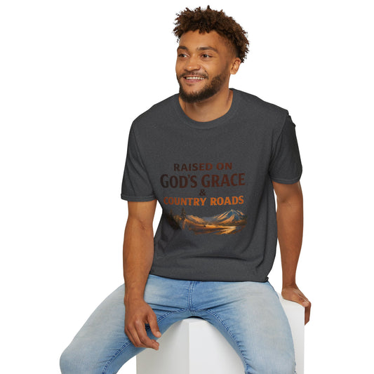 Raised on God's Grace & Country Roads T‑Shirt. Faithful Country Graphic Tee