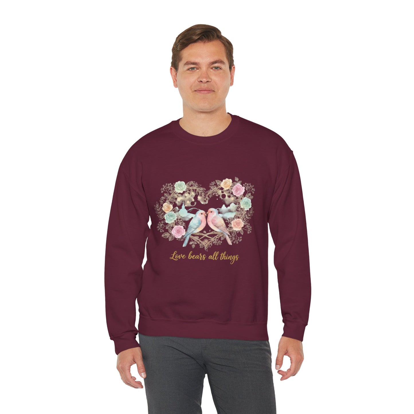 Crewneck Sweatshirt, Pastel Love Birds Floral Heart “Love bears all things”