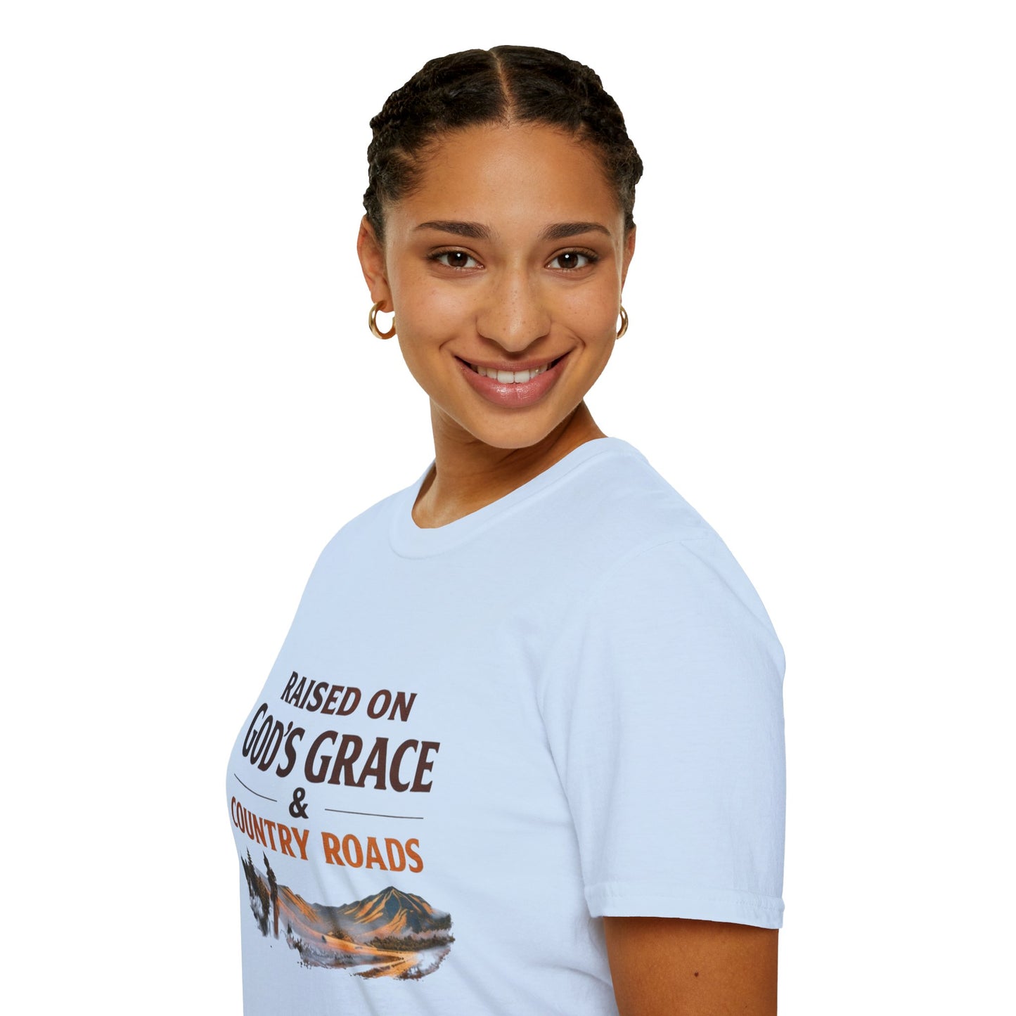 Raised on God's Grace & Country Roads T‑Shirt. Faithful Country Graphic Tee