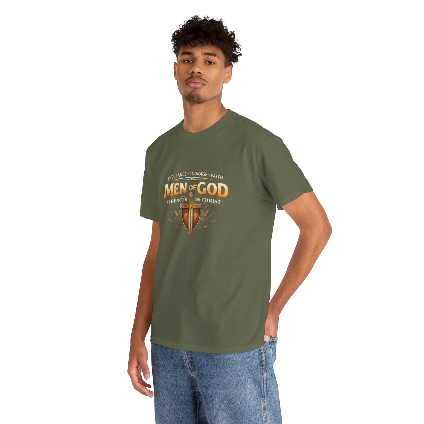 Men of God T-Shirt: Christian Faith Tee with 'Endurance • Courage • Faith' Shield Design