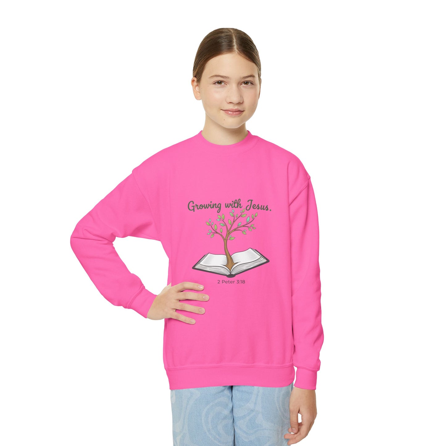 Youth Crewneck Sweatshirt Growing with Jesus Tree Over Bible