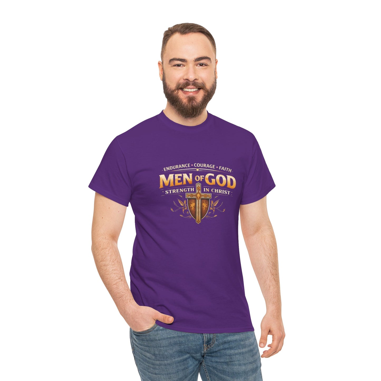 Men of God T-Shirt: Christian Faith Tee with 'Endurance • Courage • Faith' Shield Design