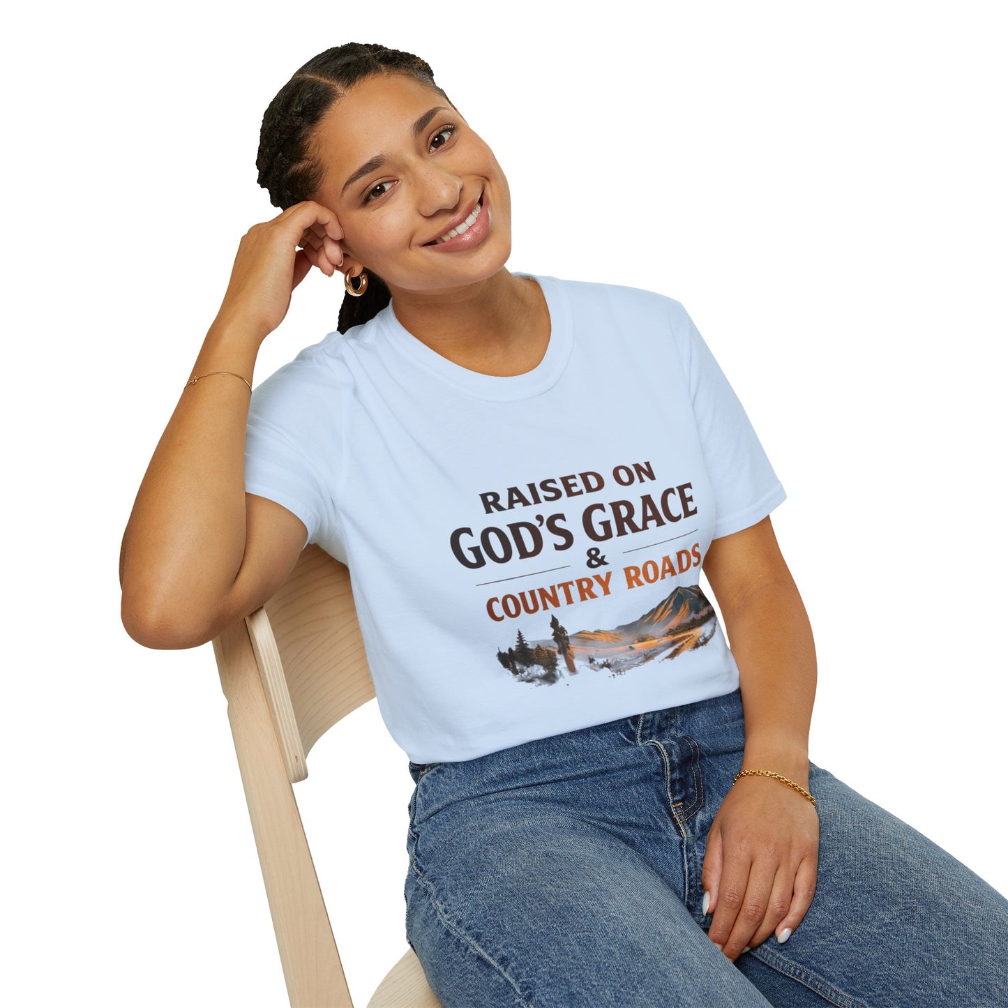 Raised on God's Grace & Country Roads T‑Shirt. Faithful Country Graphic Tee