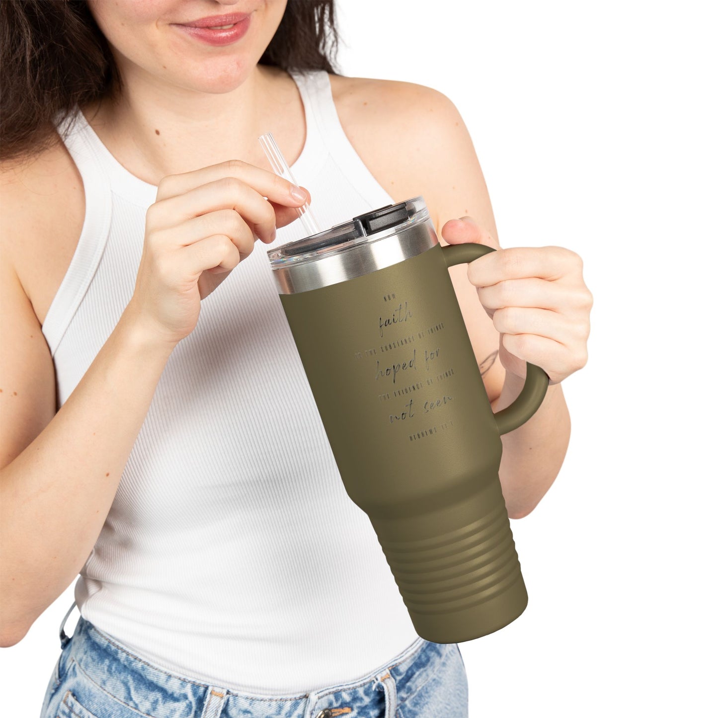 40oz Insulated Travel Mug, Inspirational Script Faith Quote