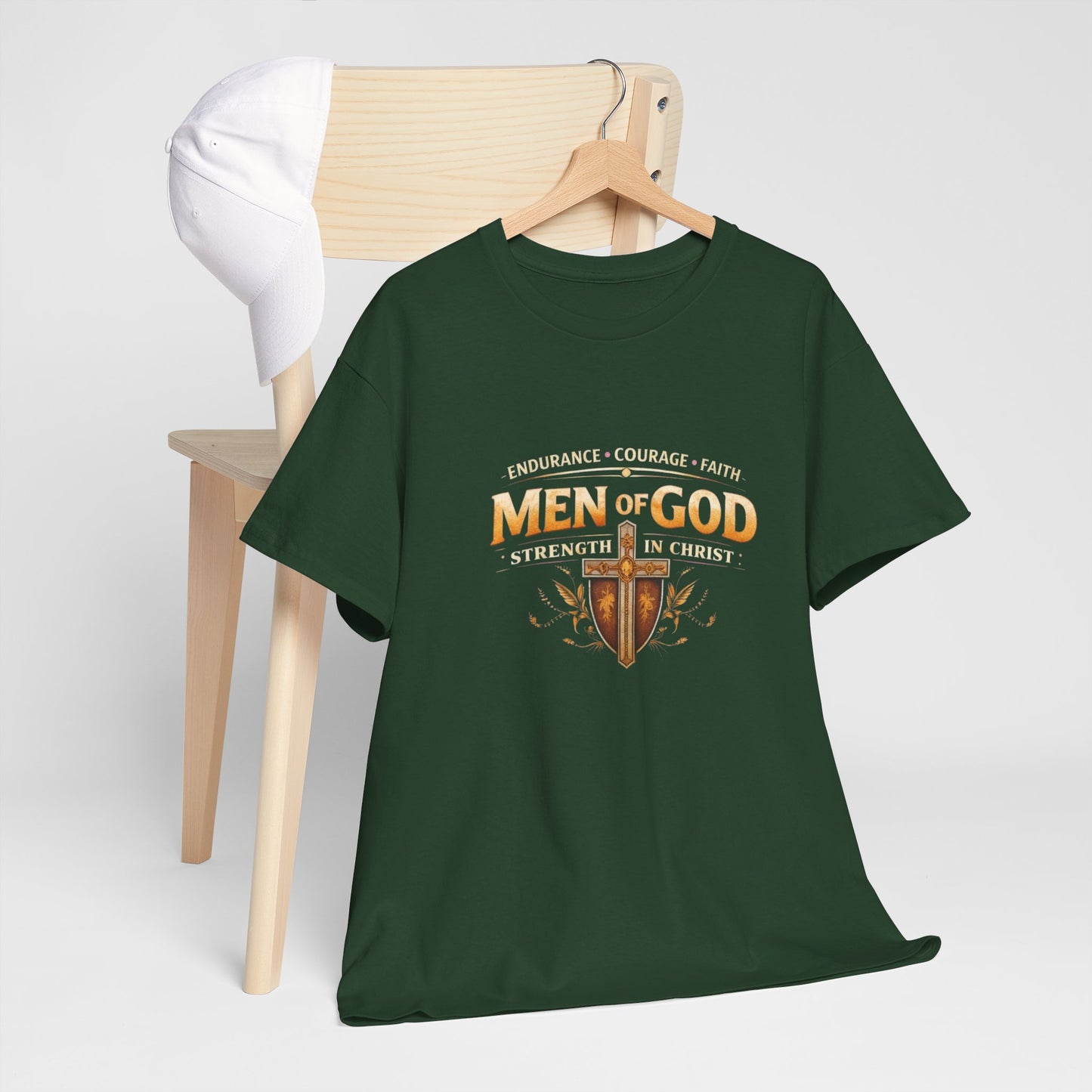Men of God T-Shirt: Christian Faith Tee with 'Endurance • Courage • Faith' Shield Design