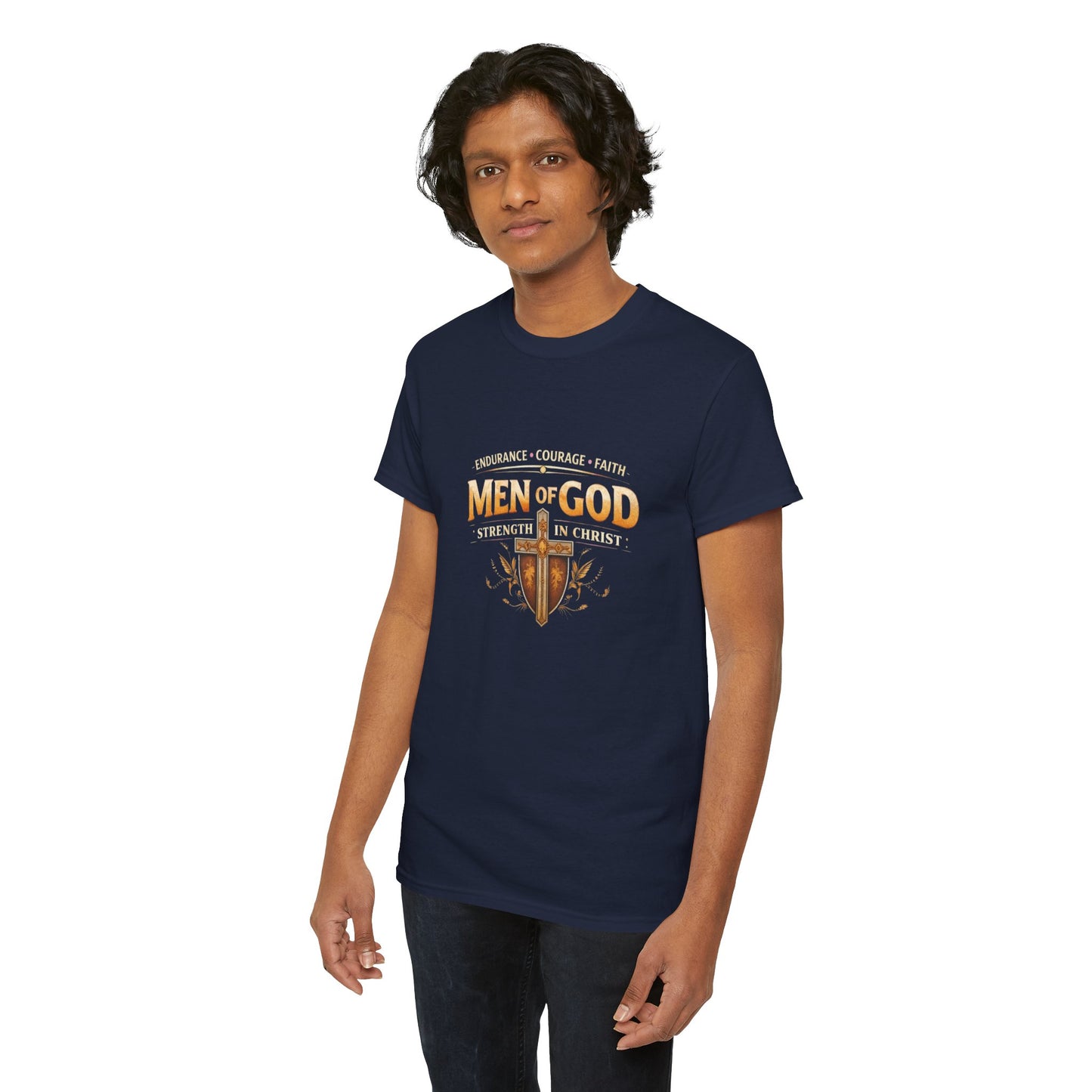 Men of God T-Shirt: Christian Faith Tee with 'Endurance • Courage • Faith' Shield Design