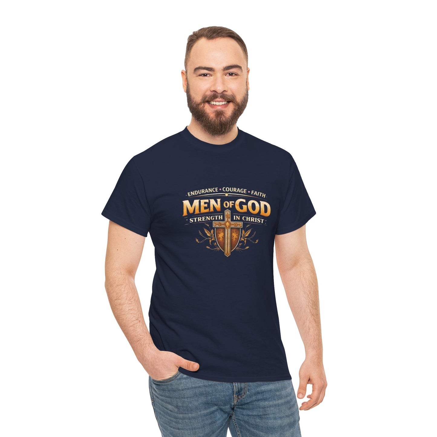 Men of God T-Shirt: Christian Faith Tee with 'Endurance • Courage • Faith' Shield Design