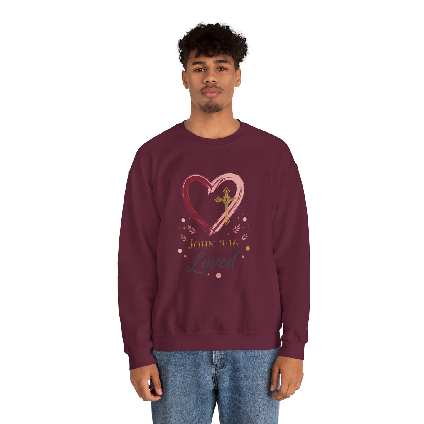 John 3:16 Loved Sweatshirt. Christian Heart Faith Crewneck