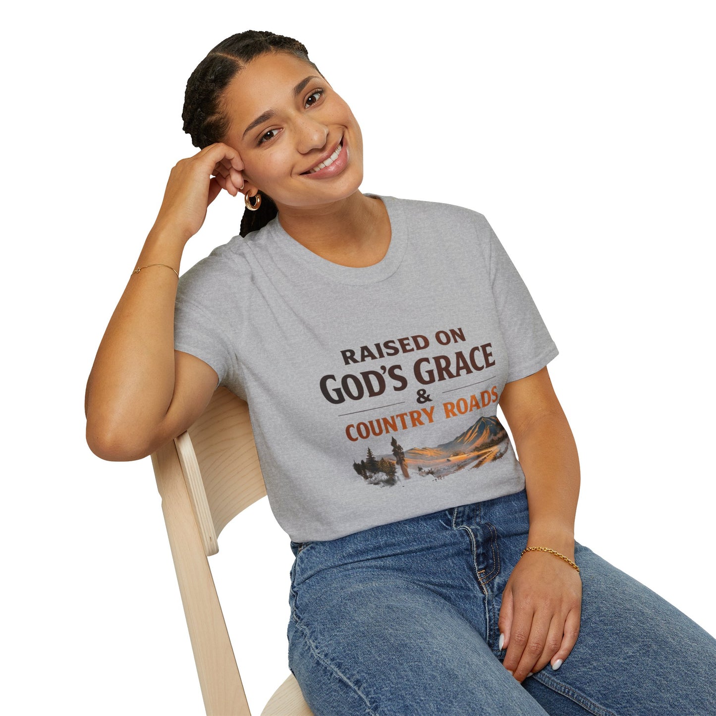 Raised on God's Grace & Country Roads T‑Shirt. Faithful Country Graphic Tee