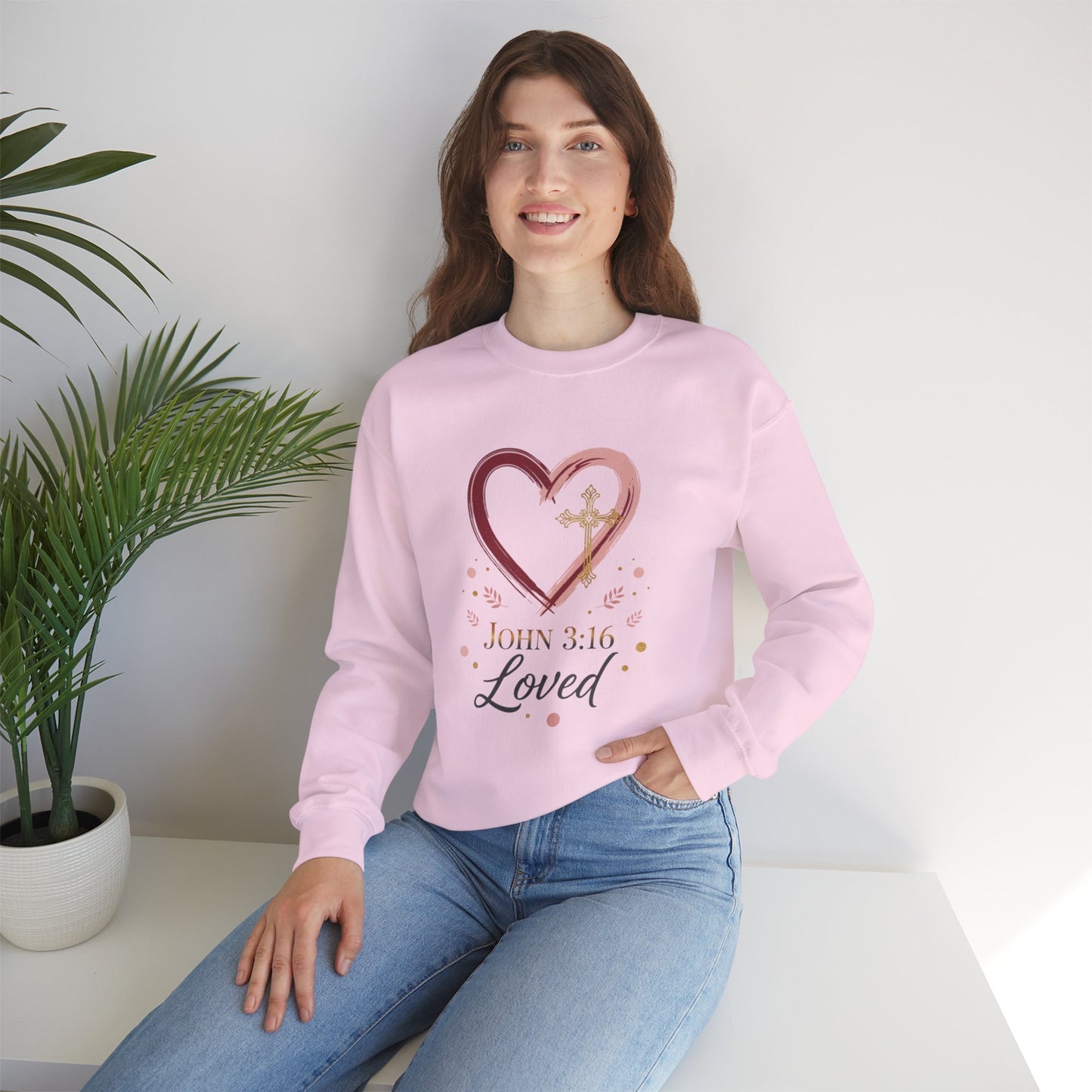 John 3:16 Loved Sweatshirt. Christian Heart Faith Crewneck