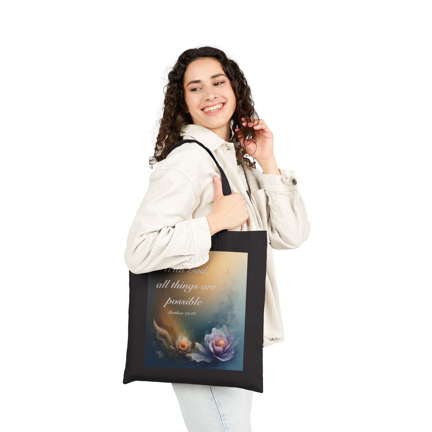 Canvas Tote Bag "With God all things are possible" Floral Faith Quote Tote