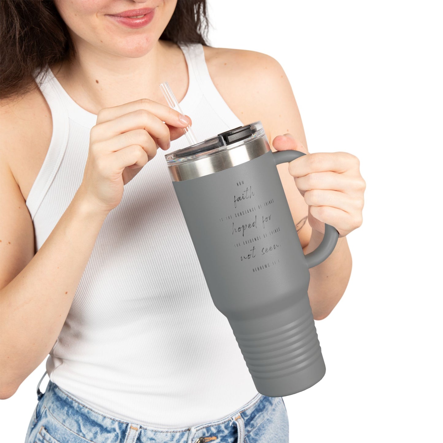 40oz Insulated Travel Mug, Inspirational Script Faith Quote