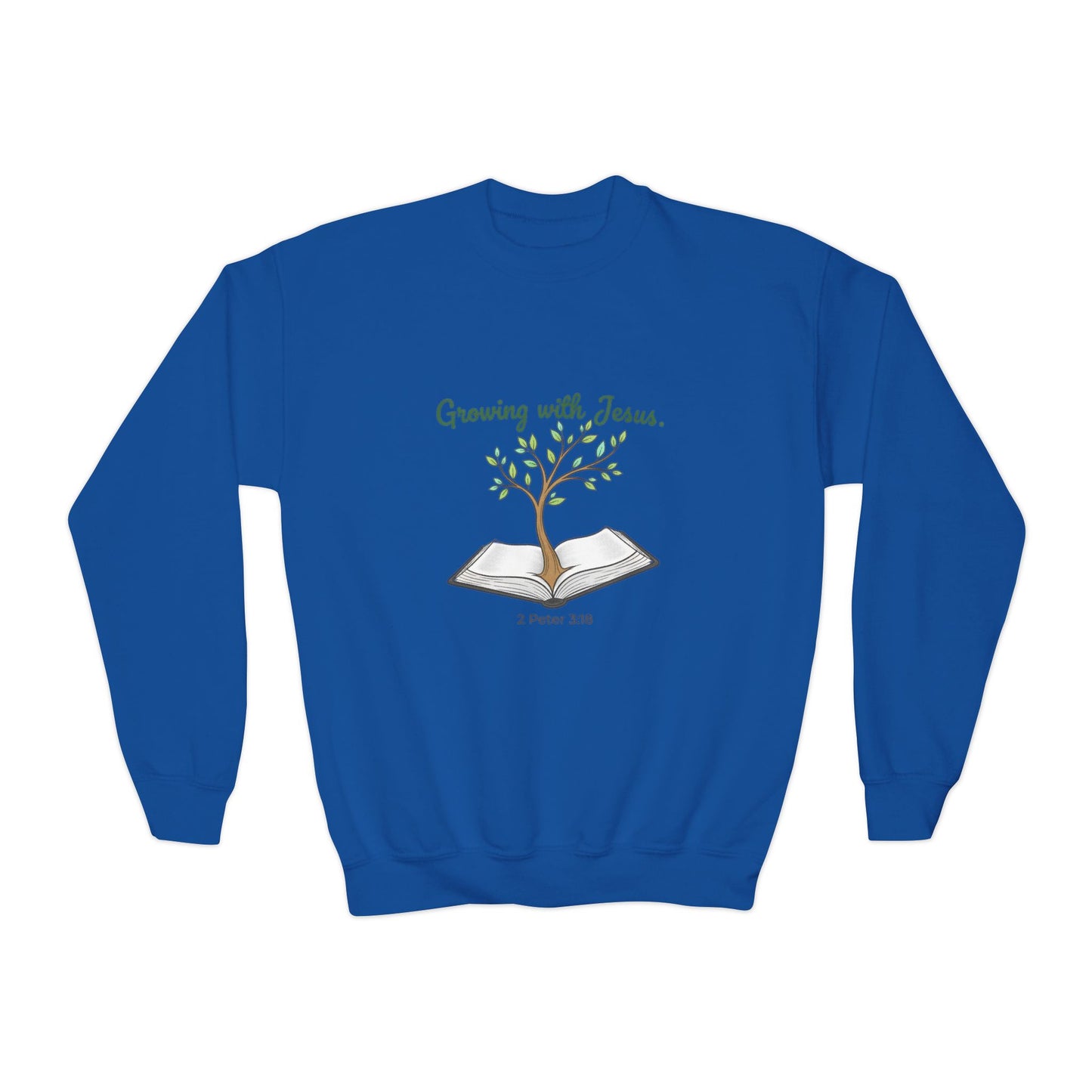 Youth Crewneck Sweatshirt Growing with Jesus Tree Over Bible