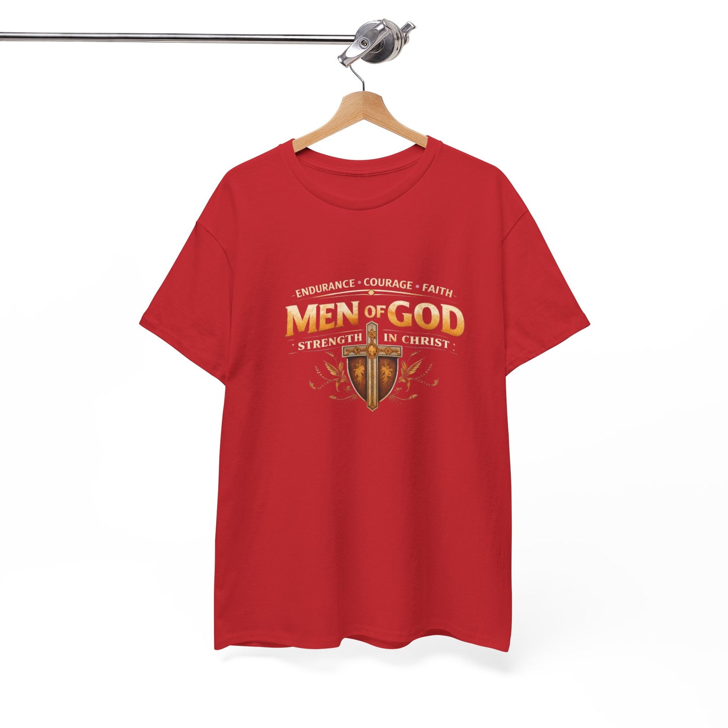 Men of God T-Shirt: Christian Faith Tee with 'Endurance • Courage • Faith' Shield Design