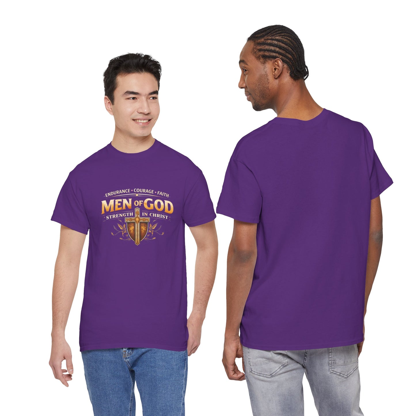 Men of God T-Shirt: Christian Faith Tee with 'Endurance • Courage • Faith' Shield Design