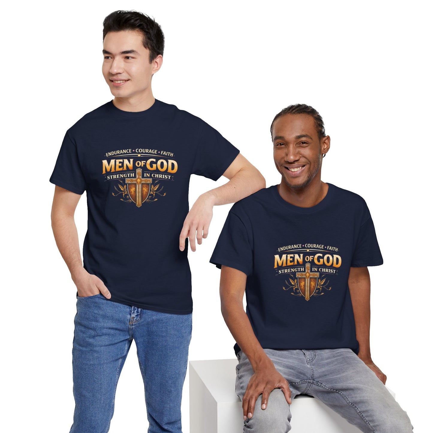 Men of God T-Shirt: Christian Faith Tee with 'Endurance • Courage • Faith' Shield Design