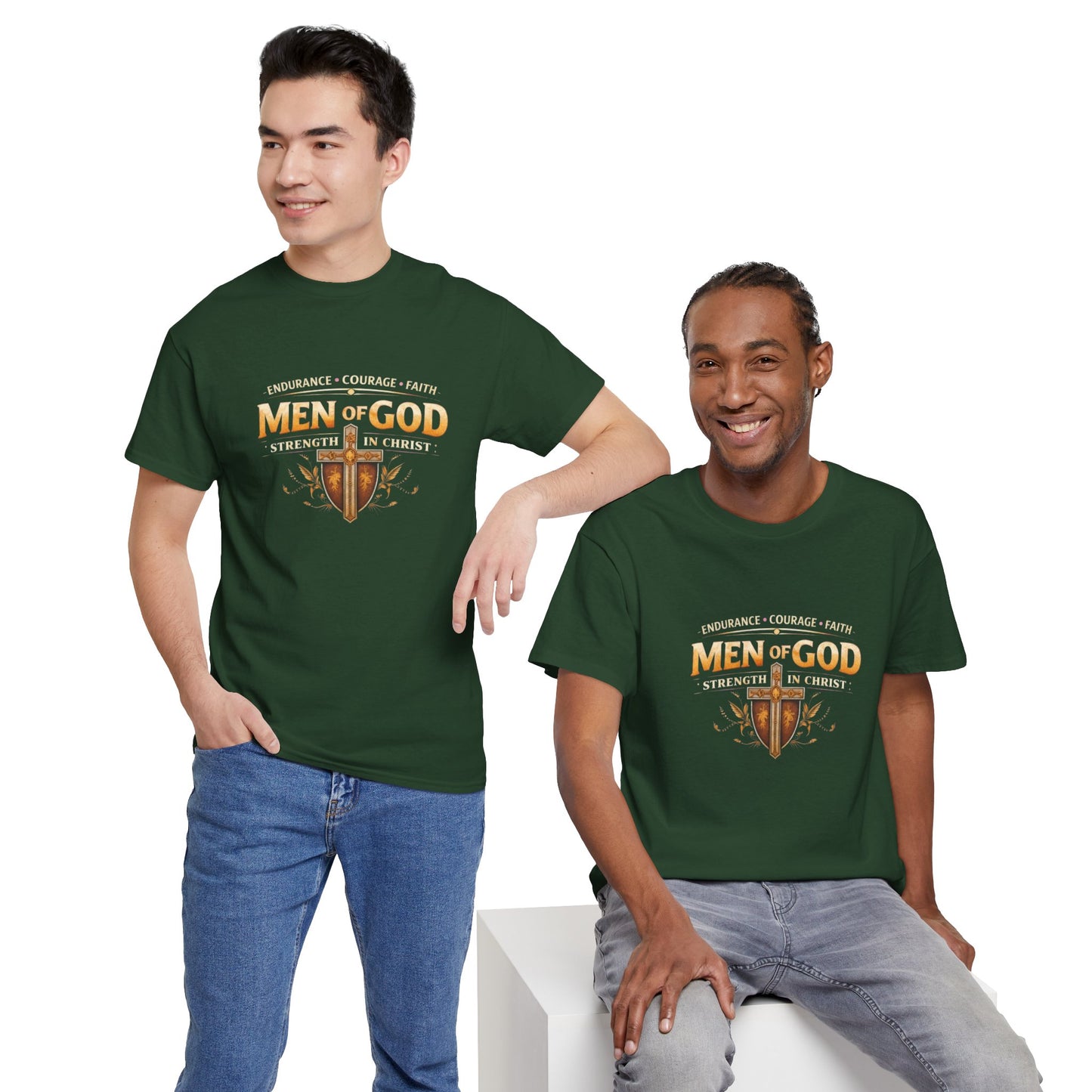 Men of God T-Shirt: Christian Faith Tee with 'Endurance • Courage • Faith' Shield Design