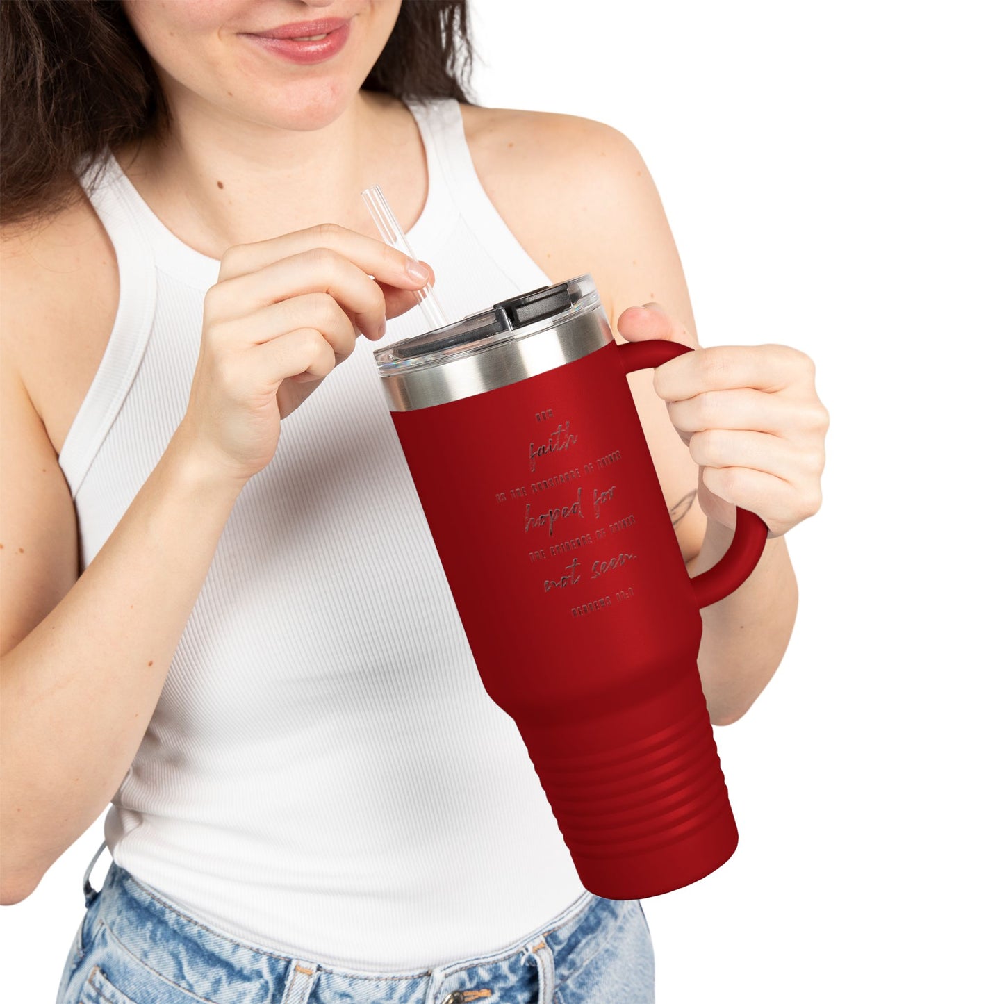 40oz Insulated Travel Mug, Inspirational Script Faith Quote