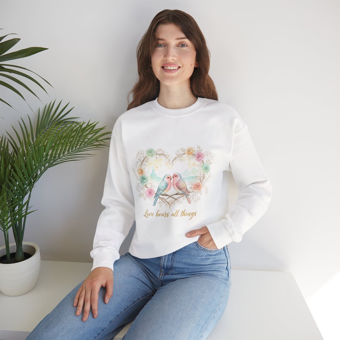 Crewneck Sweatshirt, Pastel Love Birds Floral Heart “Love bears all things”