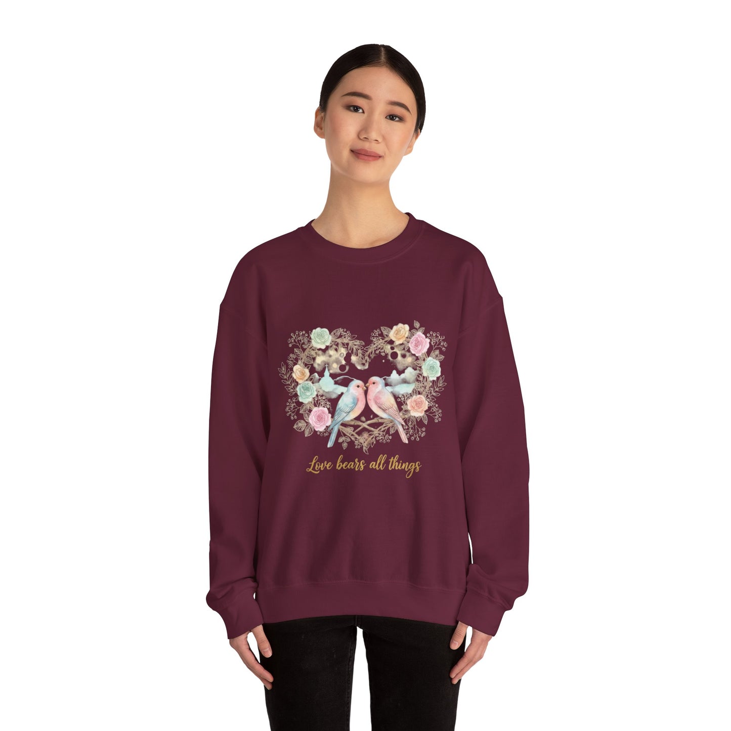 Crewneck Sweatshirt, Pastel Love Birds Floral Heart “Love bears all things”