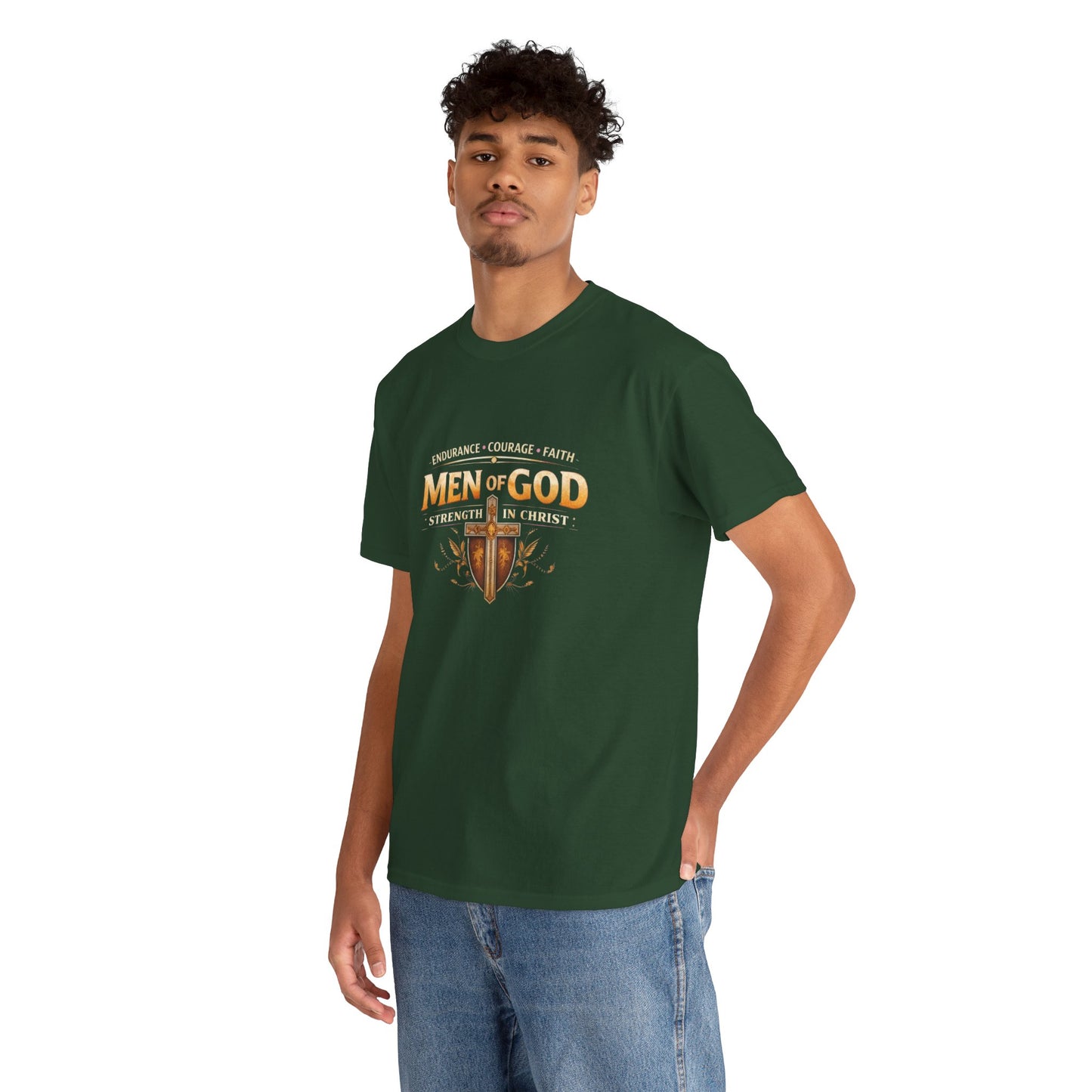 Men of God T-Shirt: Christian Faith Tee with 'Endurance • Courage • Faith' Shield Design
