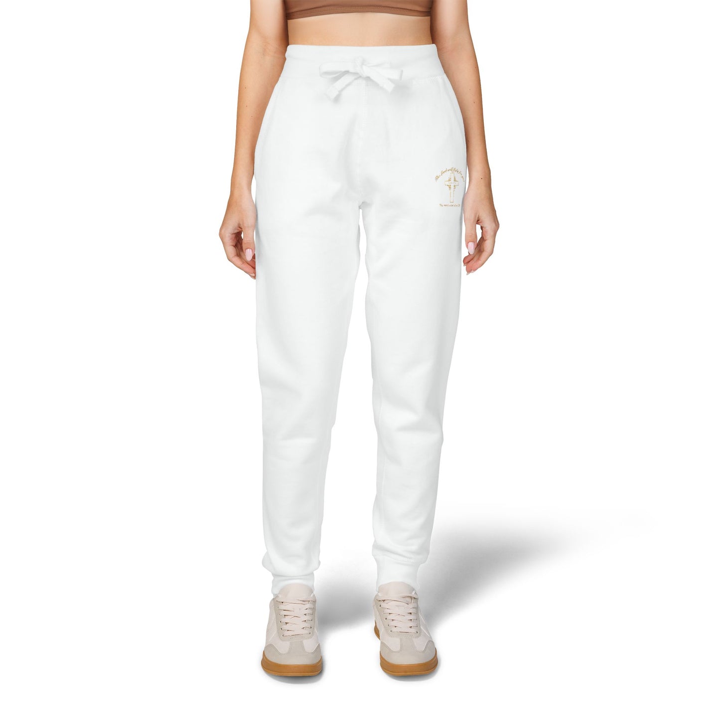 Embroidered 'The Lord will fight for you' Fleece Sweatpants. Soft White Joggers