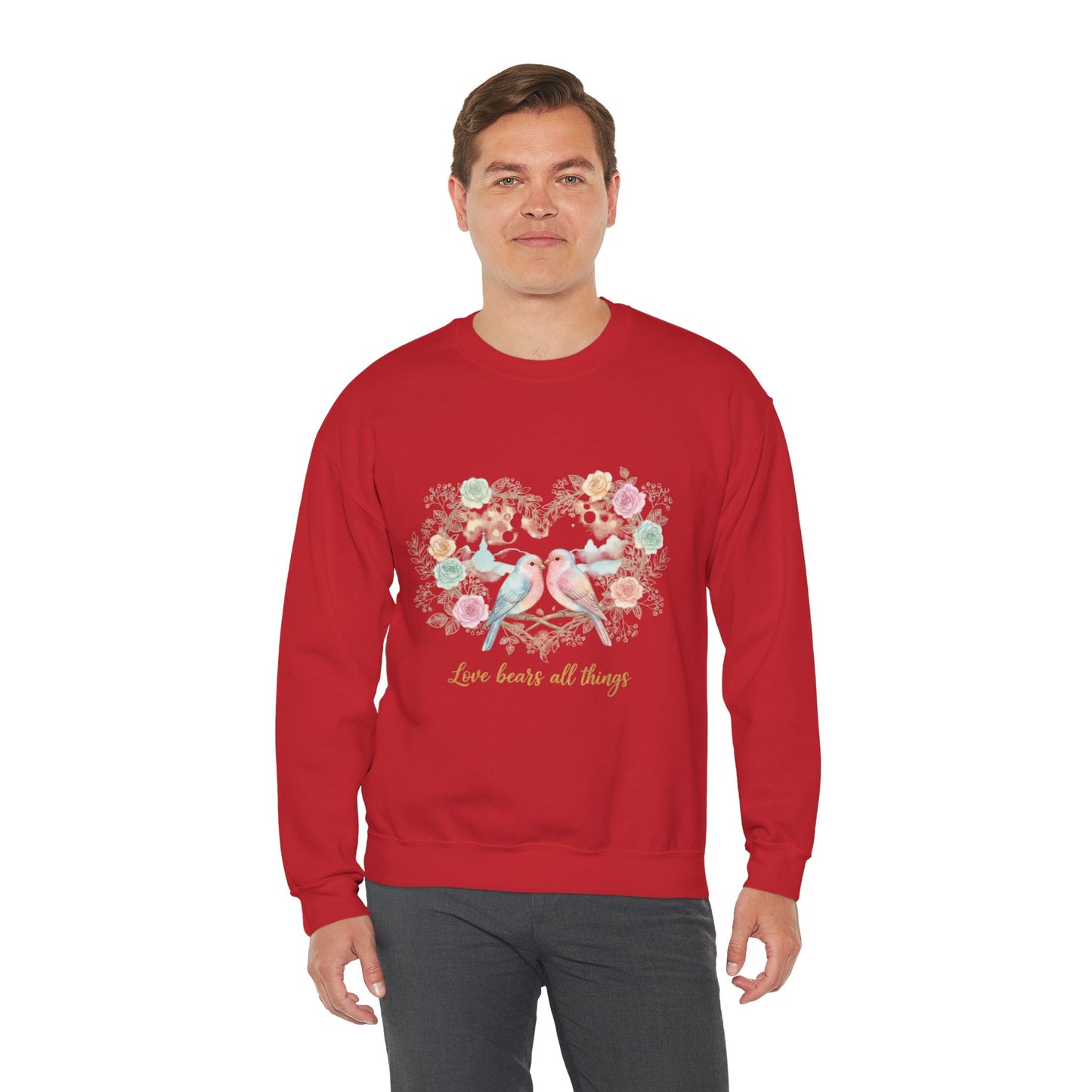 Crewneck Sweatshirt, Pastel Love Birds Floral Heart “Love bears all things”