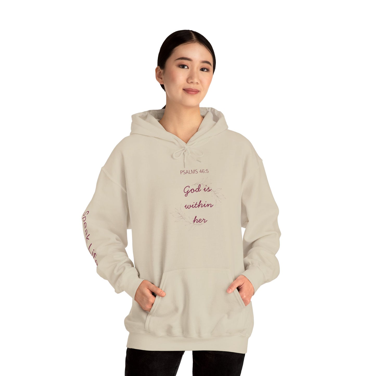 Psalm 46:5 'God Is Within Her' Hoodie; Faith-Inspired White Pullover with 'Speak Life' Sleeve