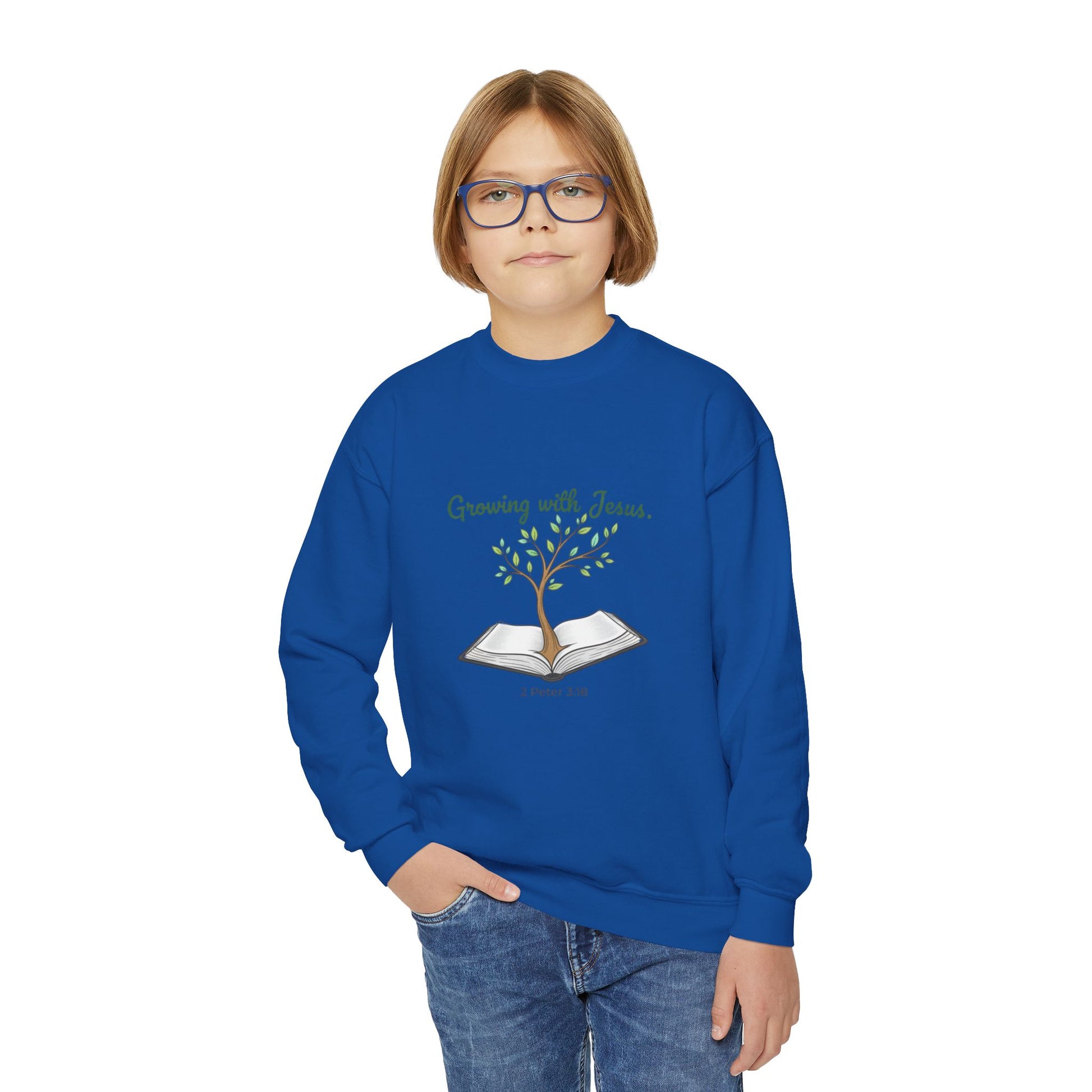 Youth Crewneck Sweatshirt Growing with Jesus Tree Over Bible